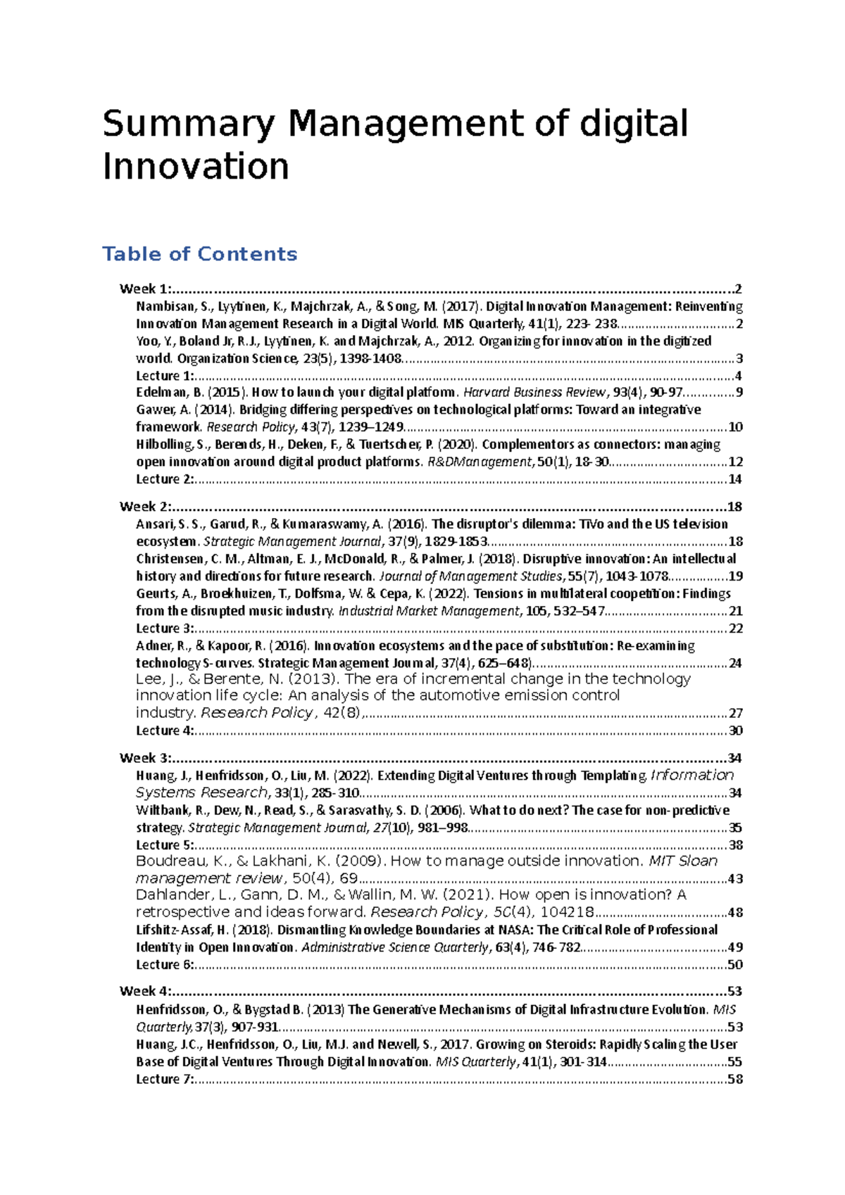 Summary Management of digital Innovation Summary Management of