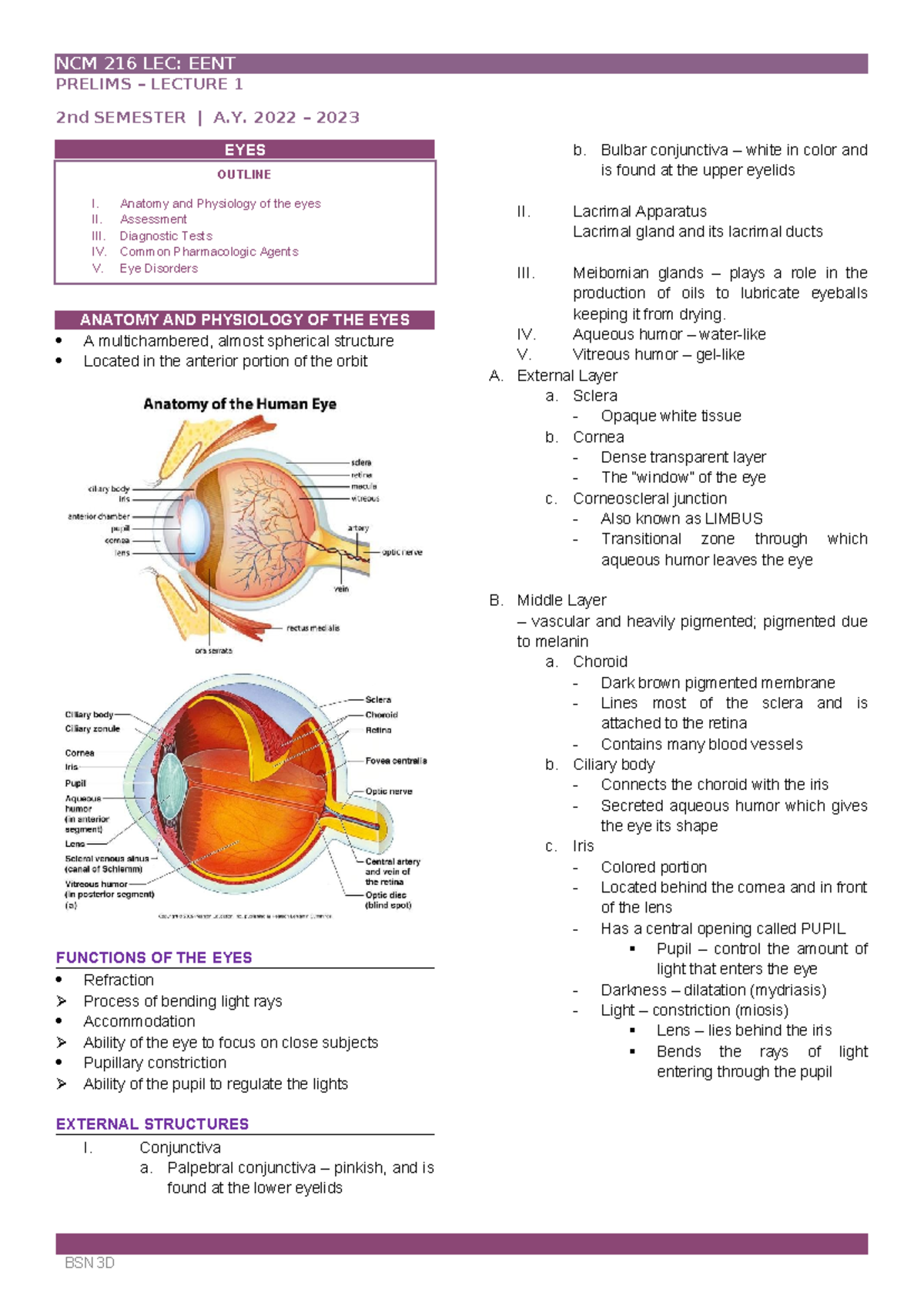 eyes lecture day 3 - NCM 216 LEC: EENT PRELIMS – LECTURE 1 2nd SEMESTER ...