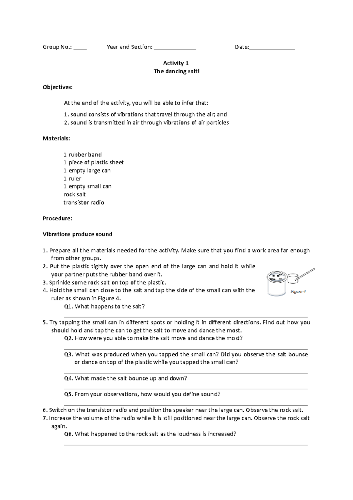 The dancing salt - activity in sound - Group No.: ____ Year and Section ...