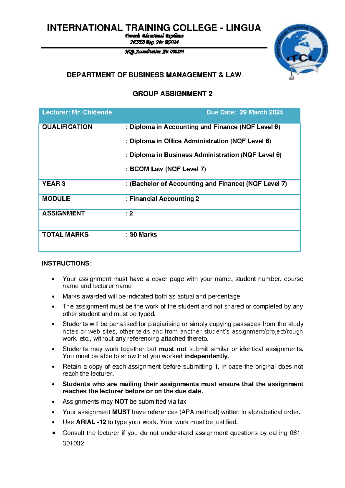 Financial Accounting 02 Assignment 2 - INTERNATIONAL TRAINING COLLEGE ...