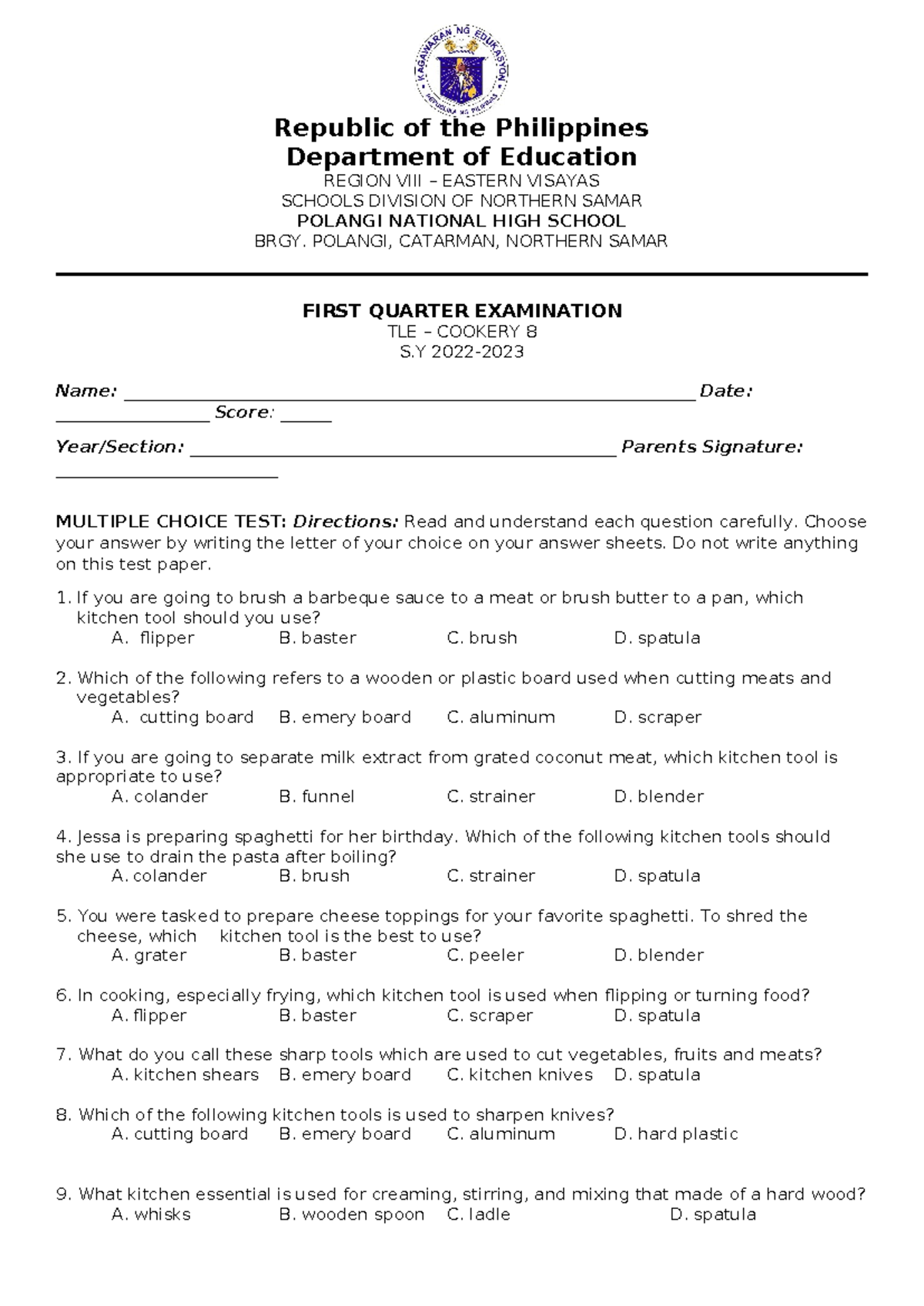 1st Quarter Examination in TLE Cookery 8 - Republic of the Philippines ...