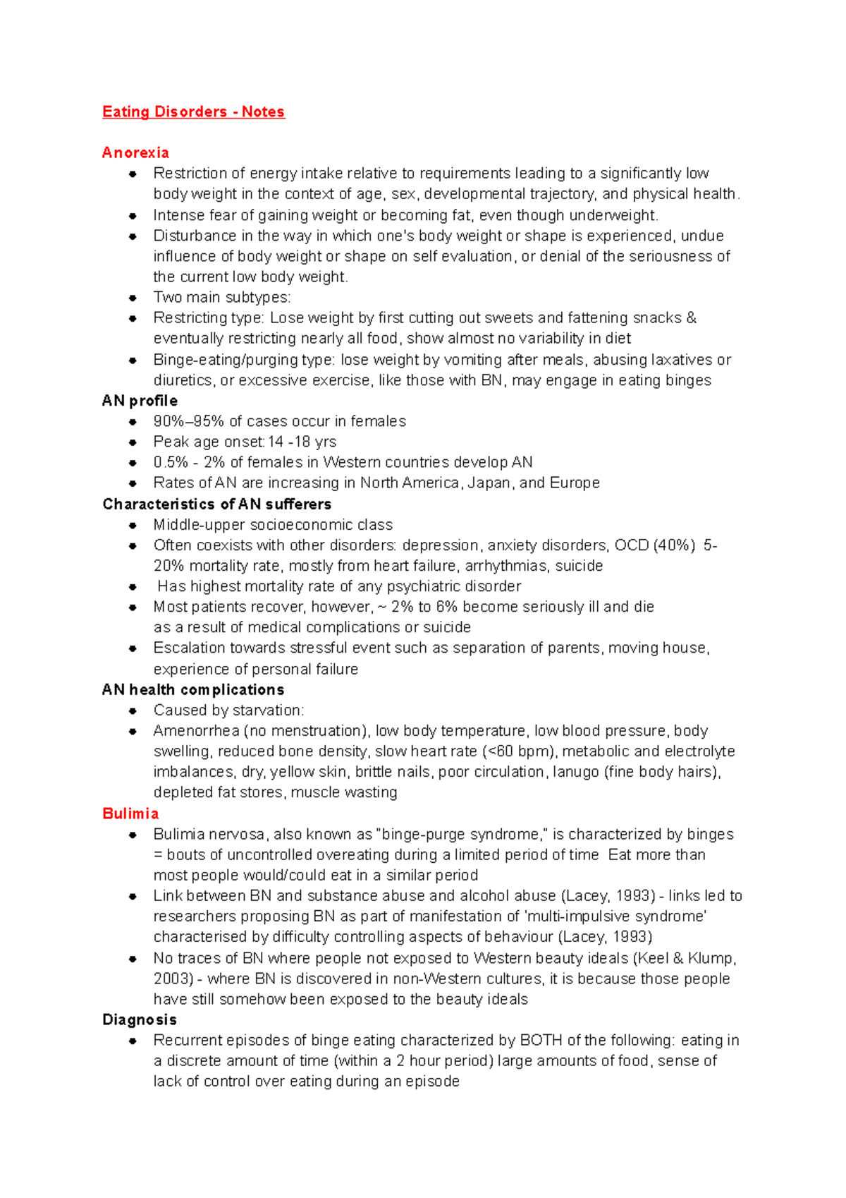 Eating Disorders Notes - Eating Disorders - Notes Anorexia Restriction ...