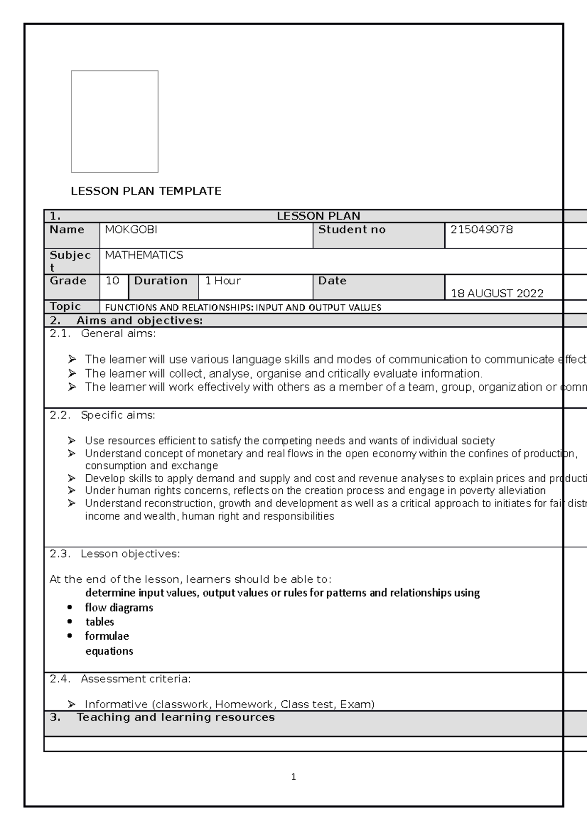 Maths Lesson PLAN 8-18 August - LESSON PLAN TEMPLATE 1. LESSON PLAN ...