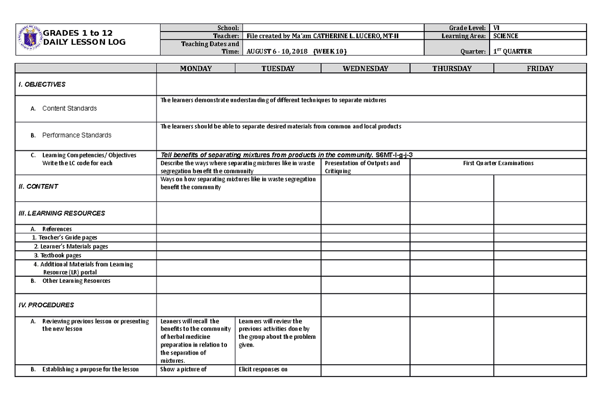 DLL Science 6 Q1 W10 - N/a - GRADES 1 to 12 DAILY LESSON LOG School ...