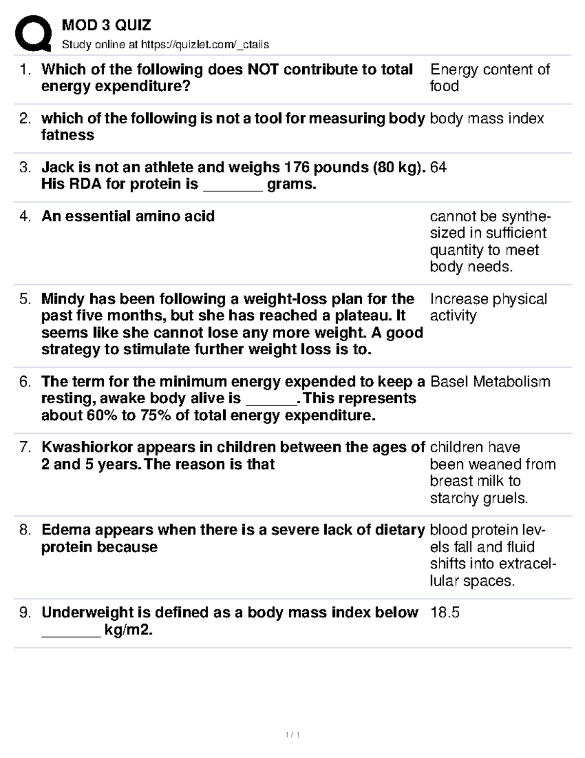 MOD 3 QUIZ Nutrition in Wellness and Being KINS 3010 MOD 3 QUIZ