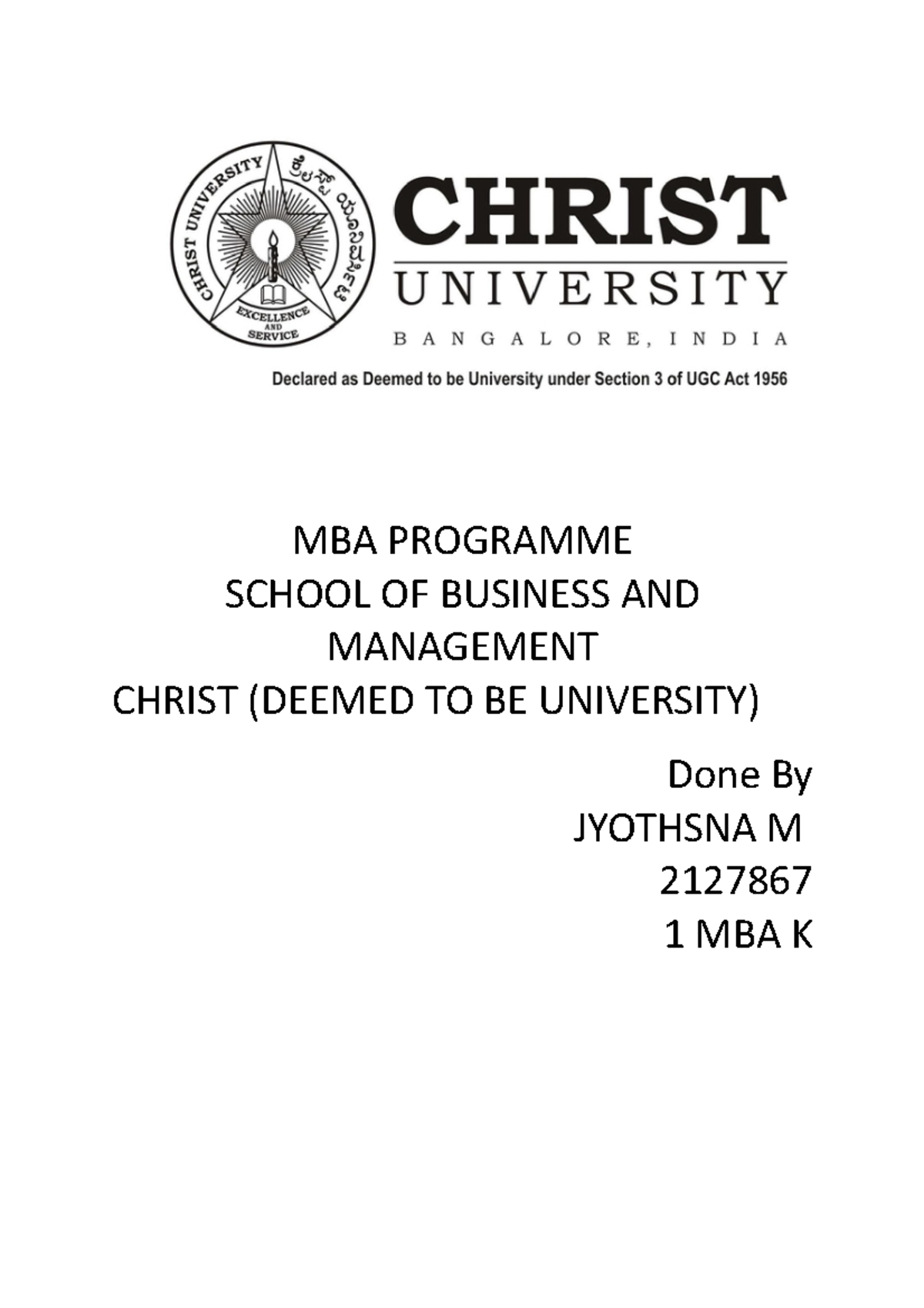 Pom(cia-1)christ University Principal Of Management - Mba Programme 