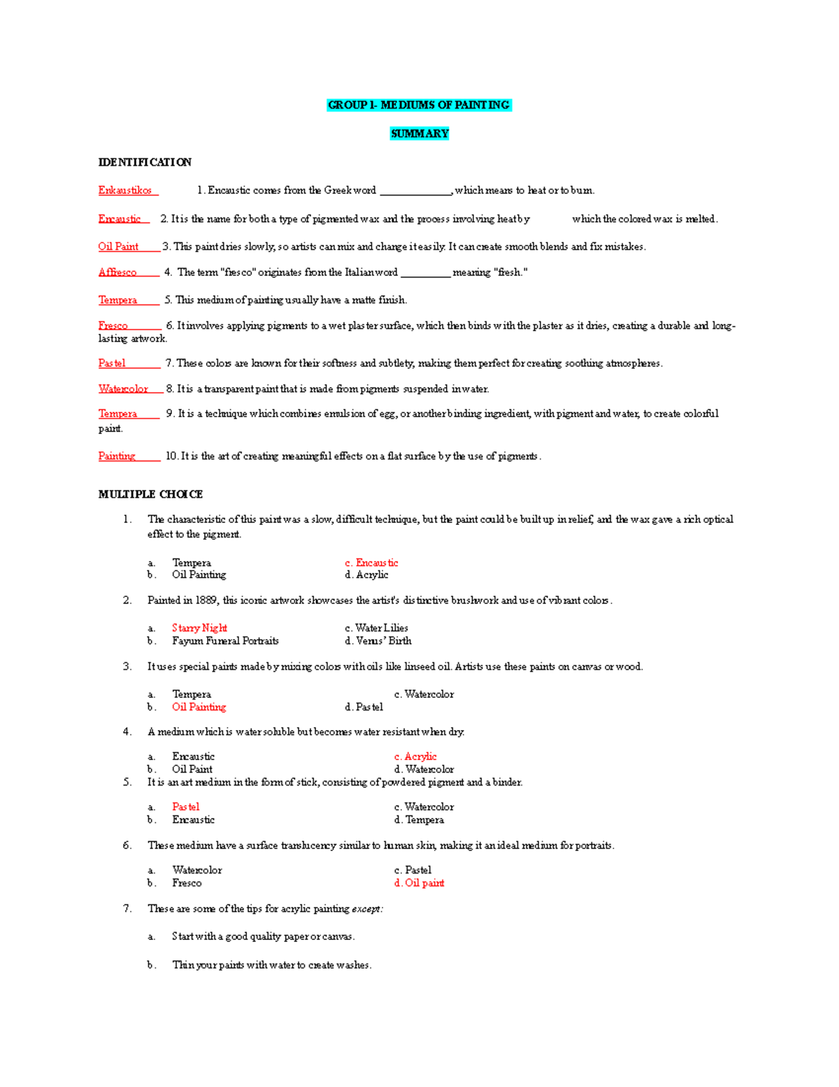 ART Summary G1 8 - notes - GROUP 1- MEDIUMS OF PAINTING SUMMARY ...