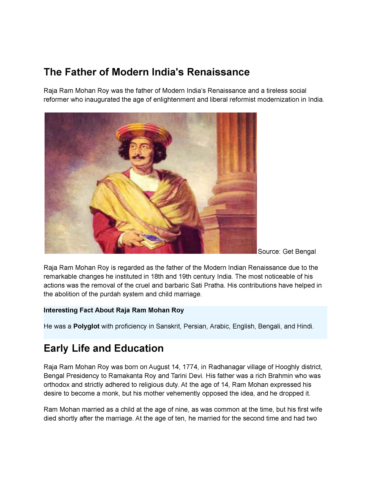 Raja Ram Mohan Roy Pdf The Father Of Modern India S Renaissance Raja Ram Mohan Roy Was The