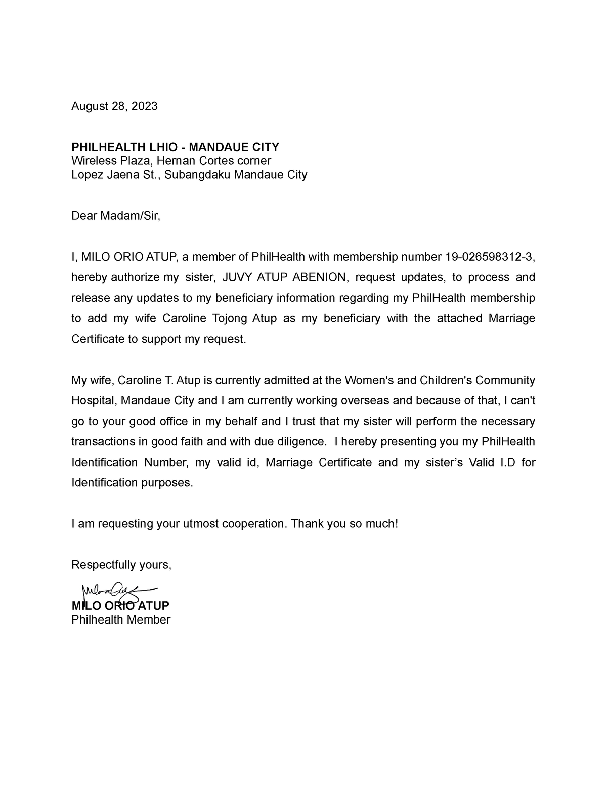 Authorization Letter - qwrewr - August 28, 2023 PHILHEALTH LHIO ...