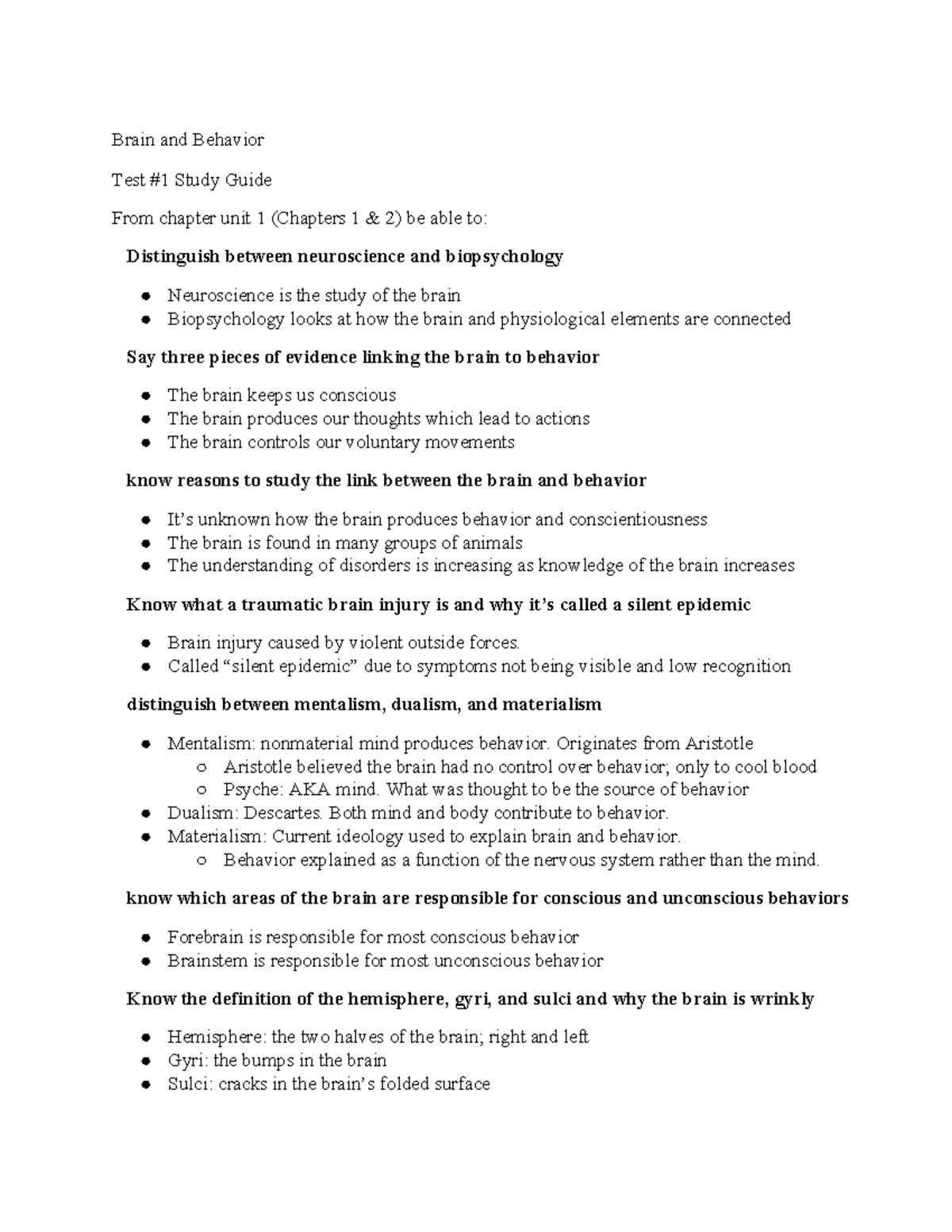 Test 1 Study Guide - Brain And Behavior Test #1 Study Guide From ...