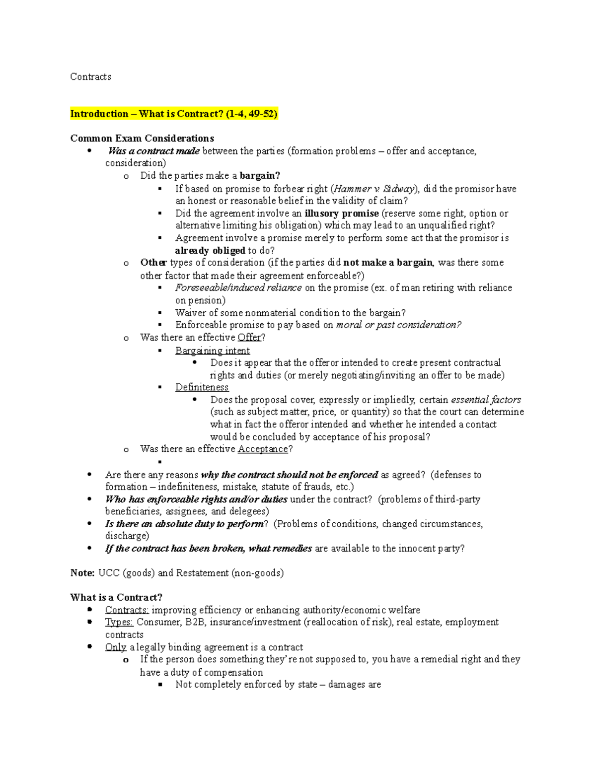 Contracts Law Outline - 3 - Contracts Introduction – What is Contract ...