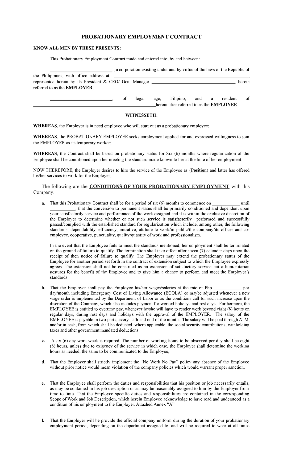 Probationary Contract- Draft - PROBATIONARY EMPLOYMENT CONTRACT KNOW ...