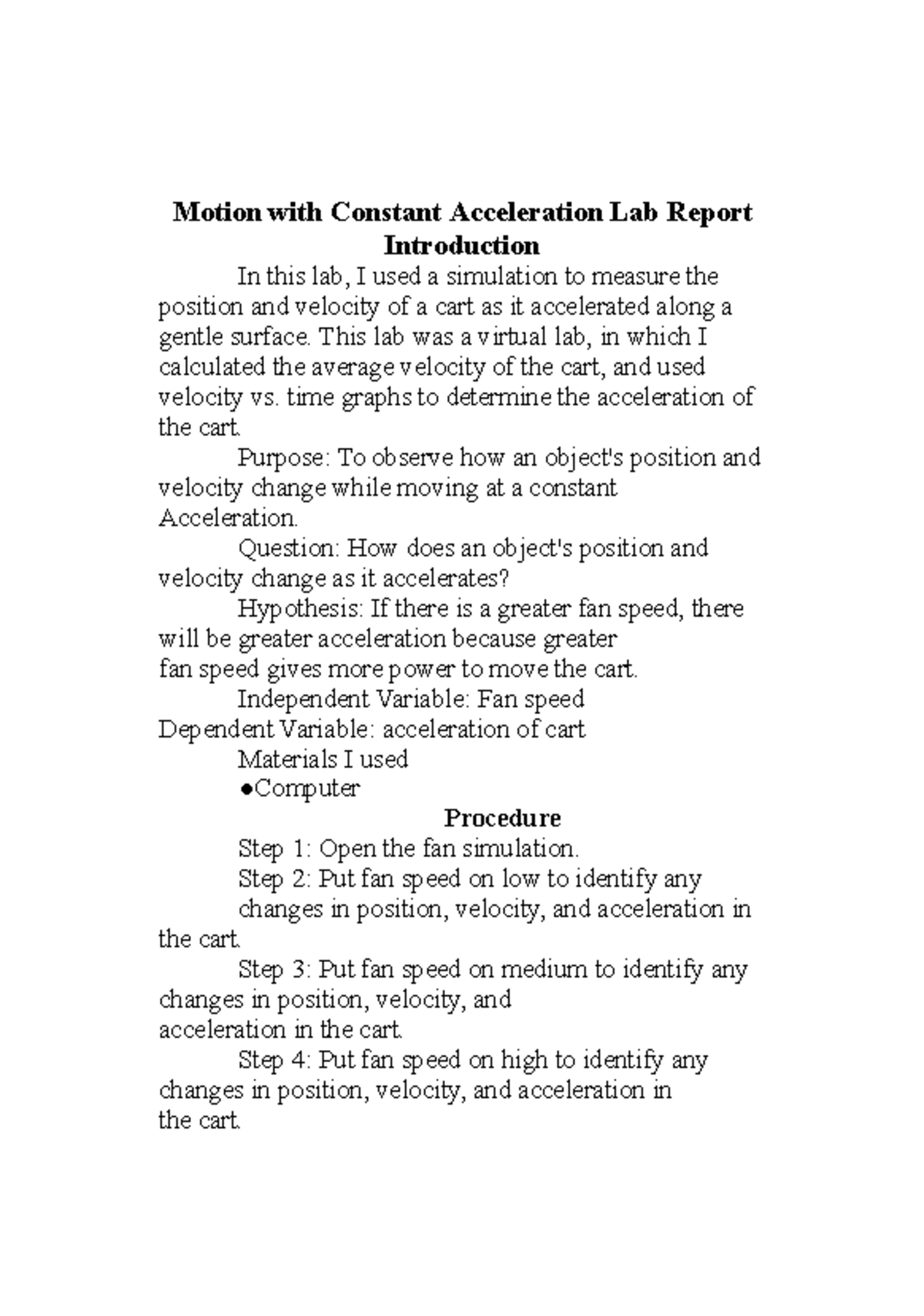 lab motion with constant acceleration assignment lab report active