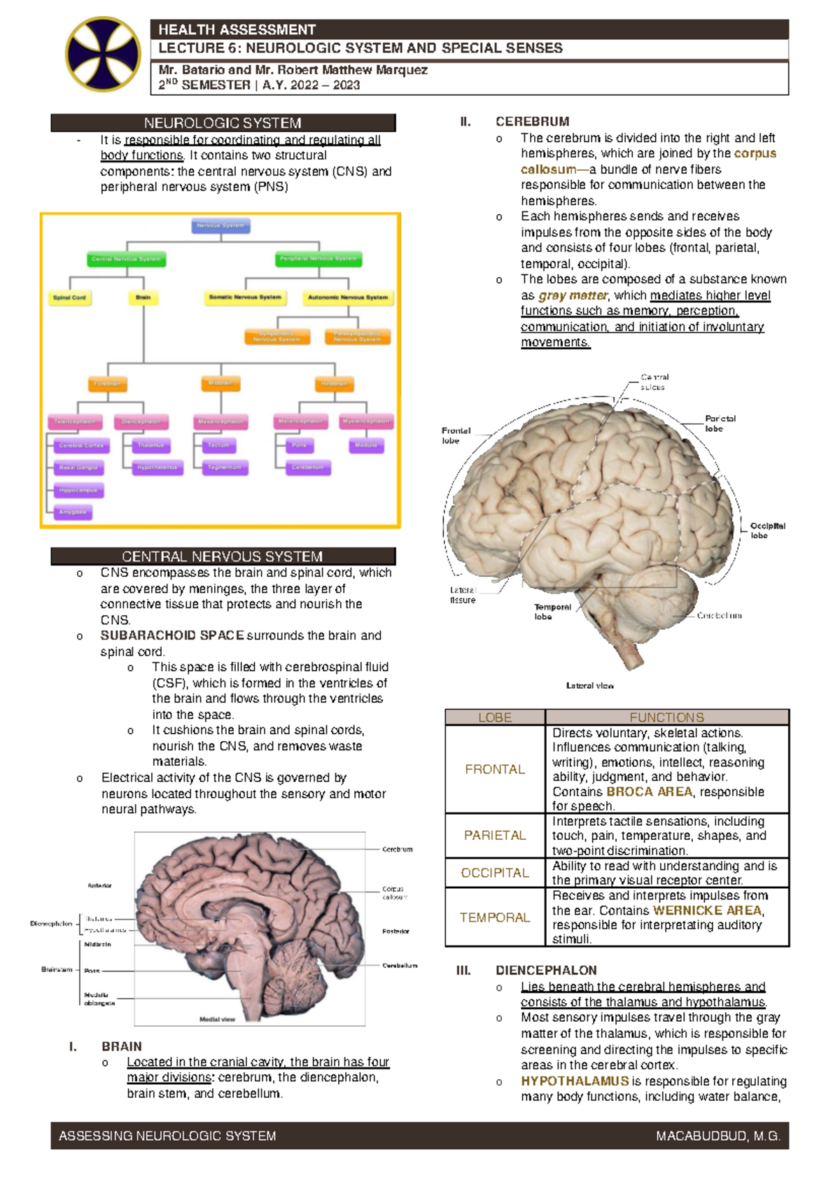 Health Assessment Finals - LECTURE 6 : NEUROLOGIC SYSTEM AND SPECIAL ...