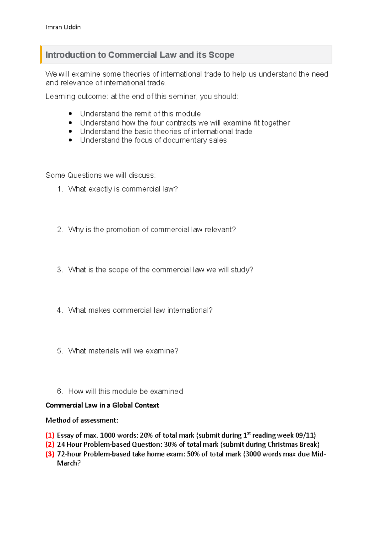 Seminar 1 (Introduction to Commercial Law and its Scope) - Introduction ...