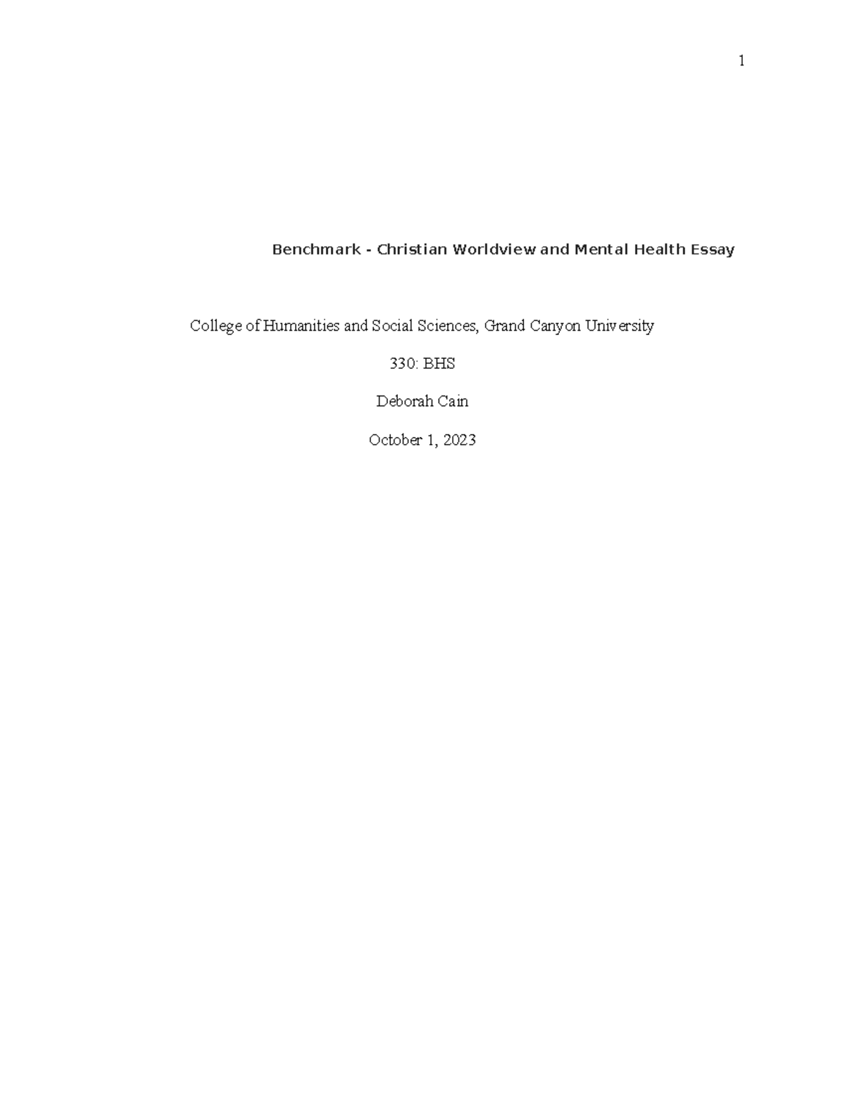 BHS-330 Benchmark - Mental Health Essay - Benchmark - Christian ...