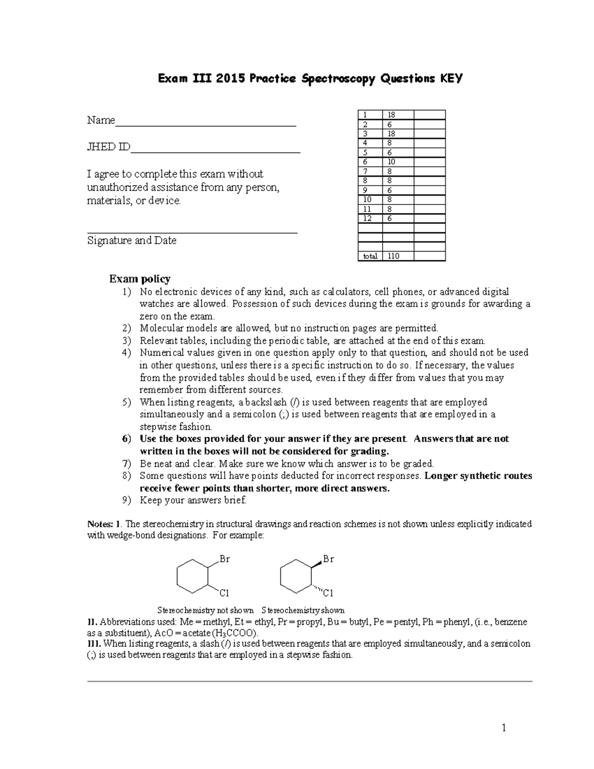Exam III Spectroscopy Questions key Exam III 2015 Practice