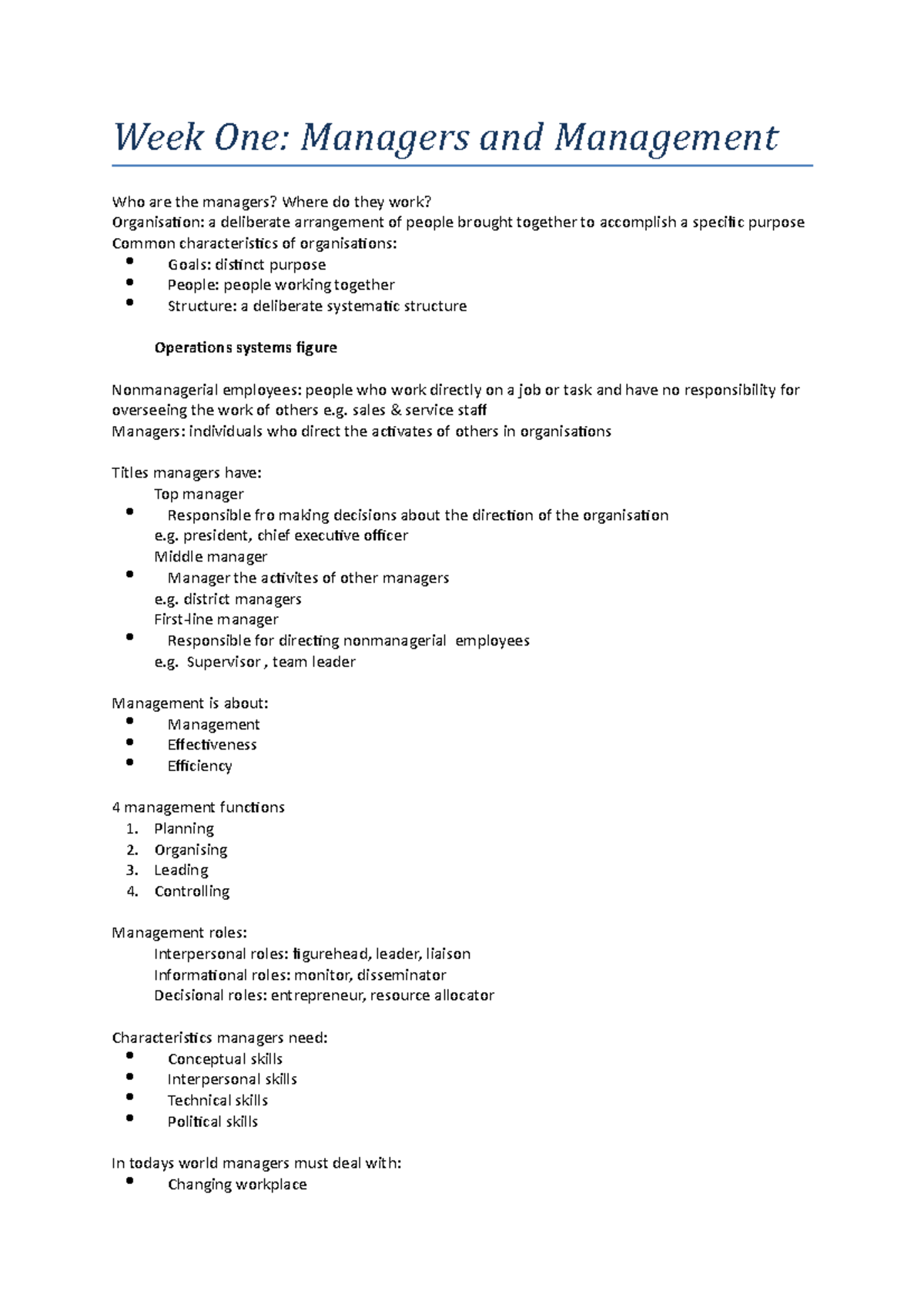 Notes De Cours, Full Summary Of Lectures, Revision - Week One: Managers ...