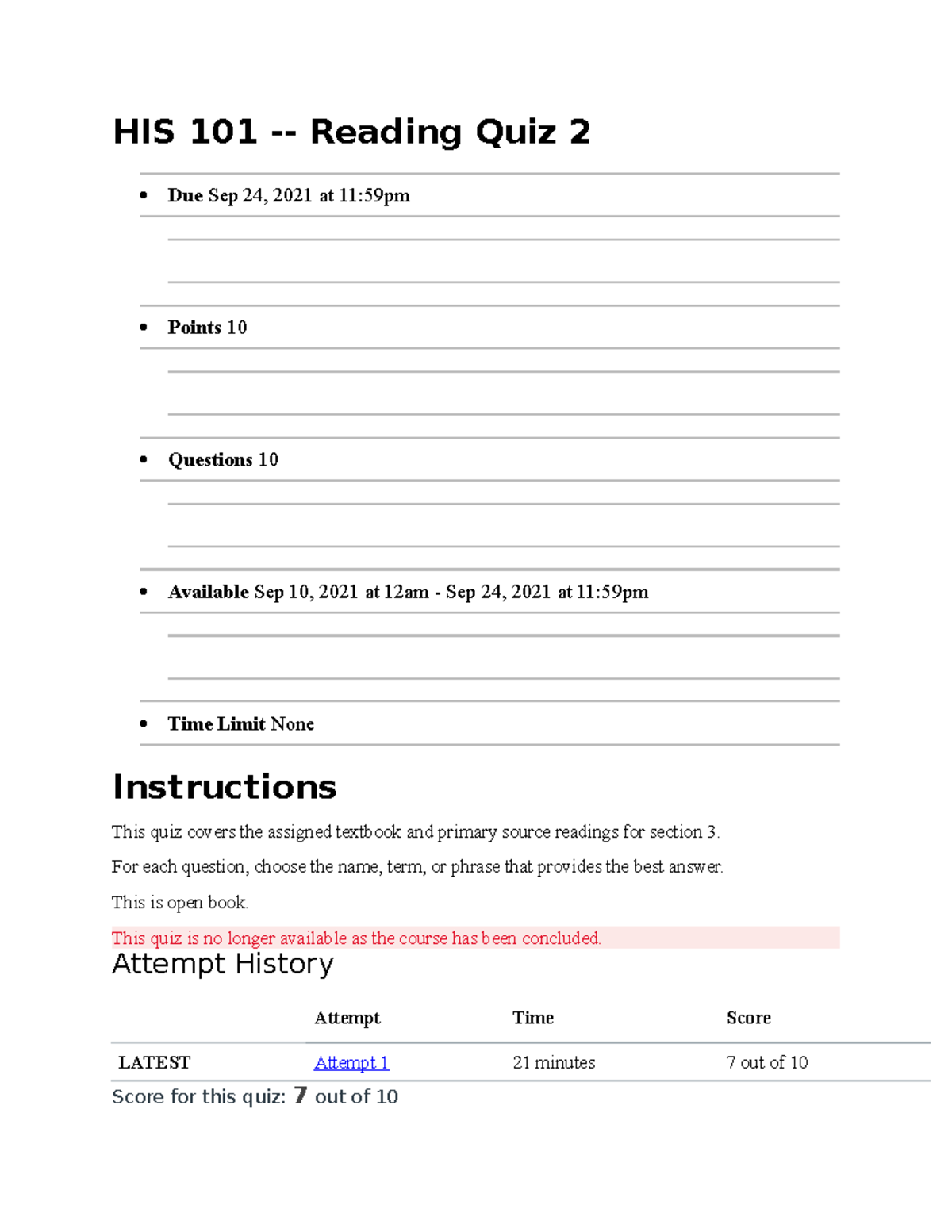 Reading quiz 2 - HIS 101 - Reading Quiz 2 Due Sep 24, 2021 at 11:59pm ...