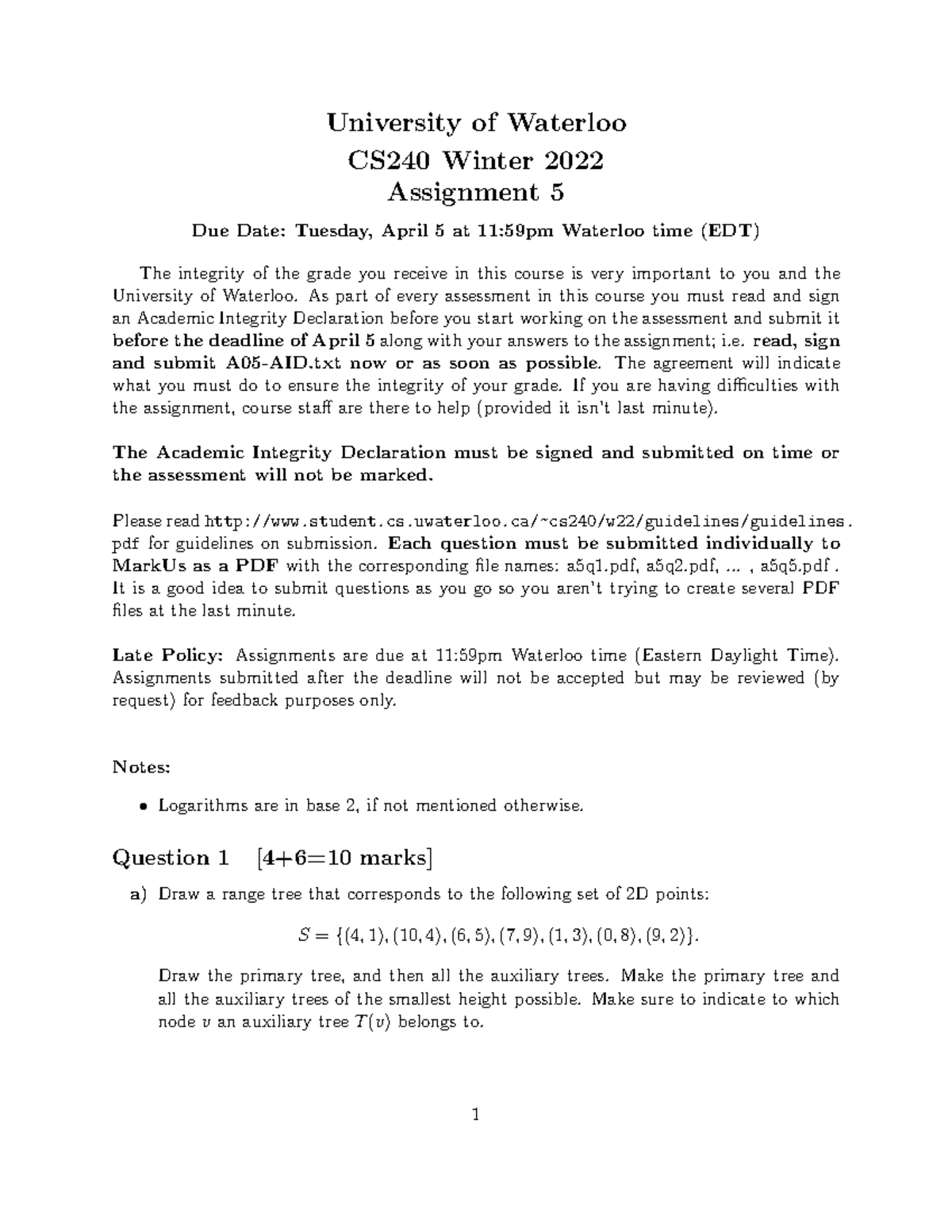 CS240 Assignment 5 - Cs 240 - UWaterloo - Studocu