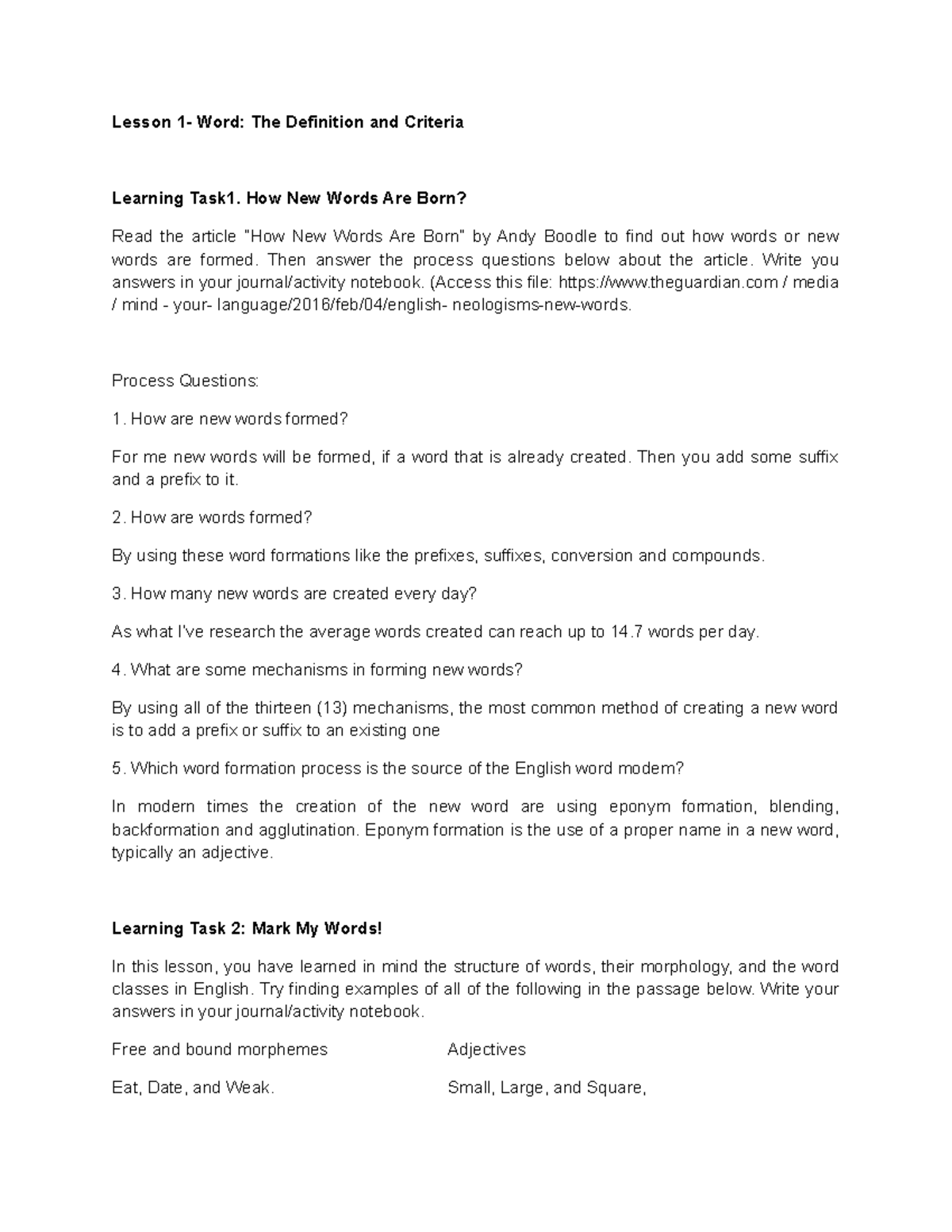 LING-3-CLP - learning task - Lesson 1- Word: The Definition and ...