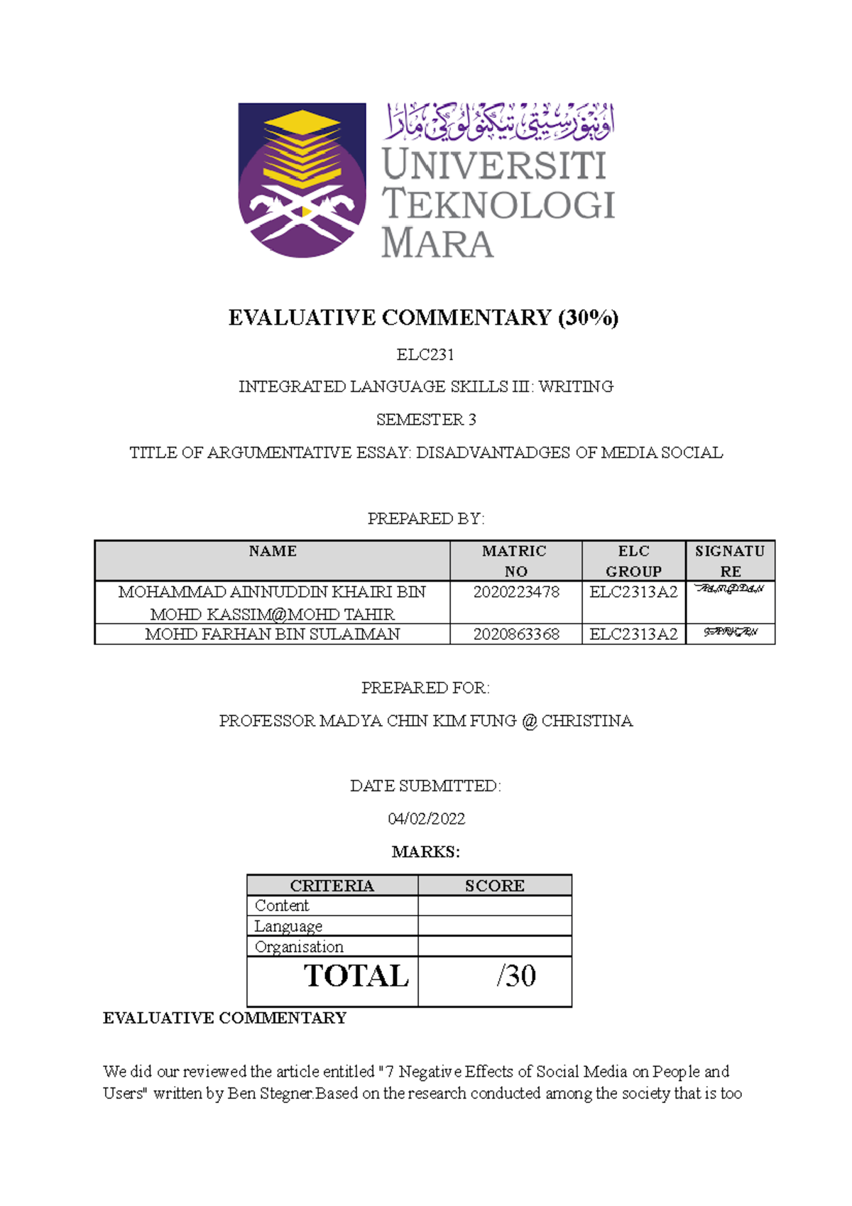 Elc231 Evaluative Commentary Evaluative Commentary 30 Elc