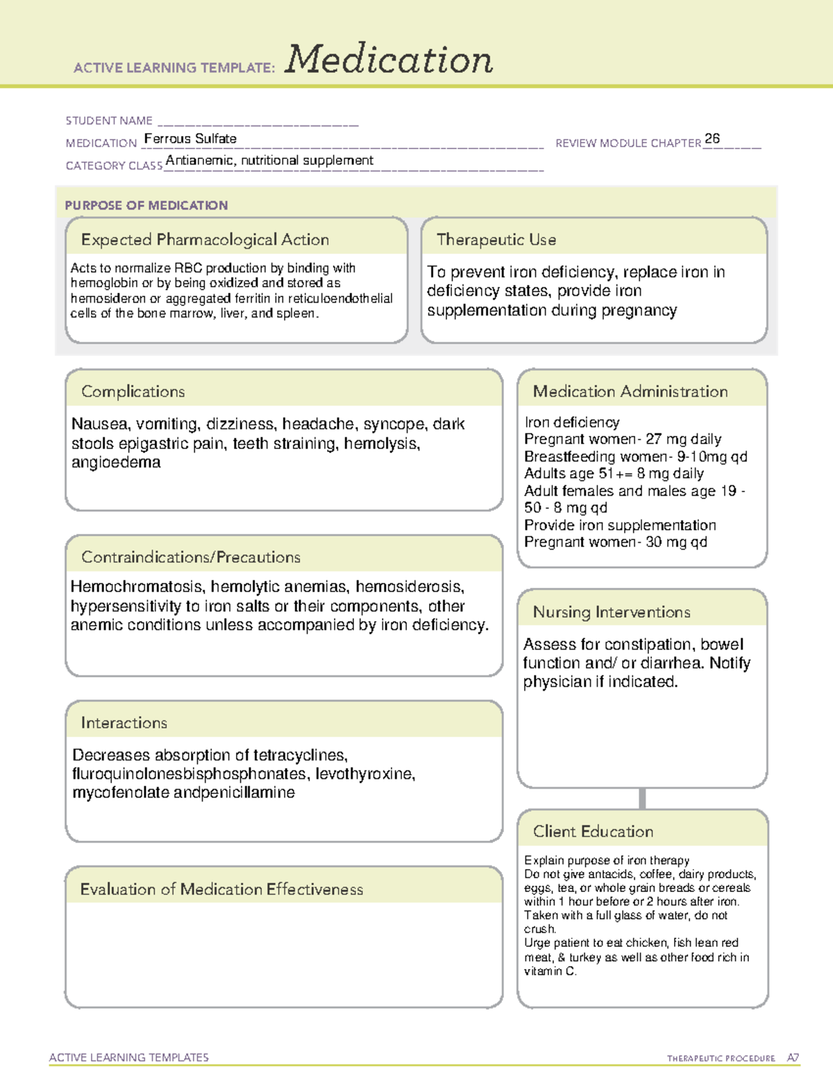 Ferrous Sulfate Medication Template ACTIVE LEARNING TEMPLATES 