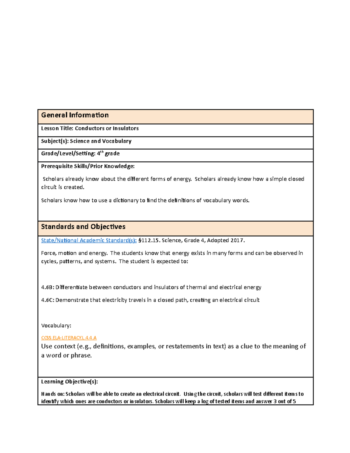 Science and Vocabulary lesson plan collaboration - General Information ...