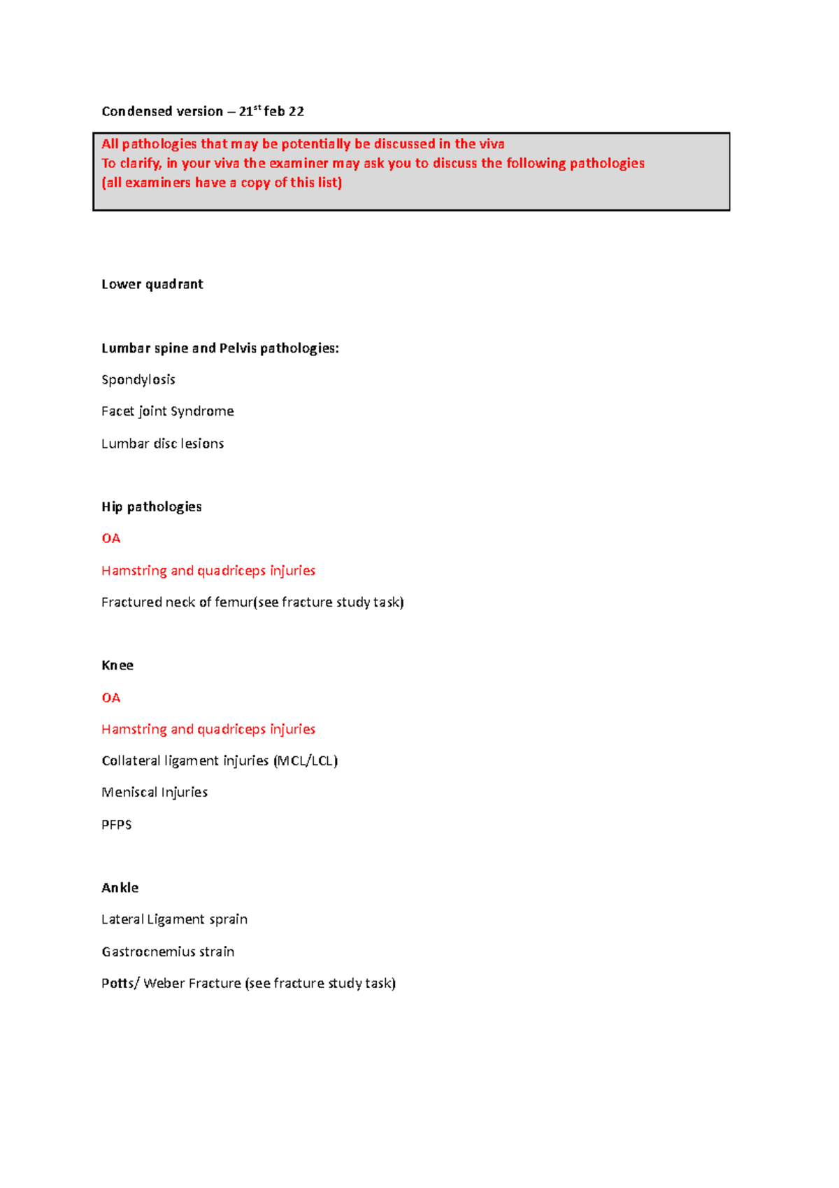 List of pathologies for anatomy viva - Condensed version – 21st feb 22 ...