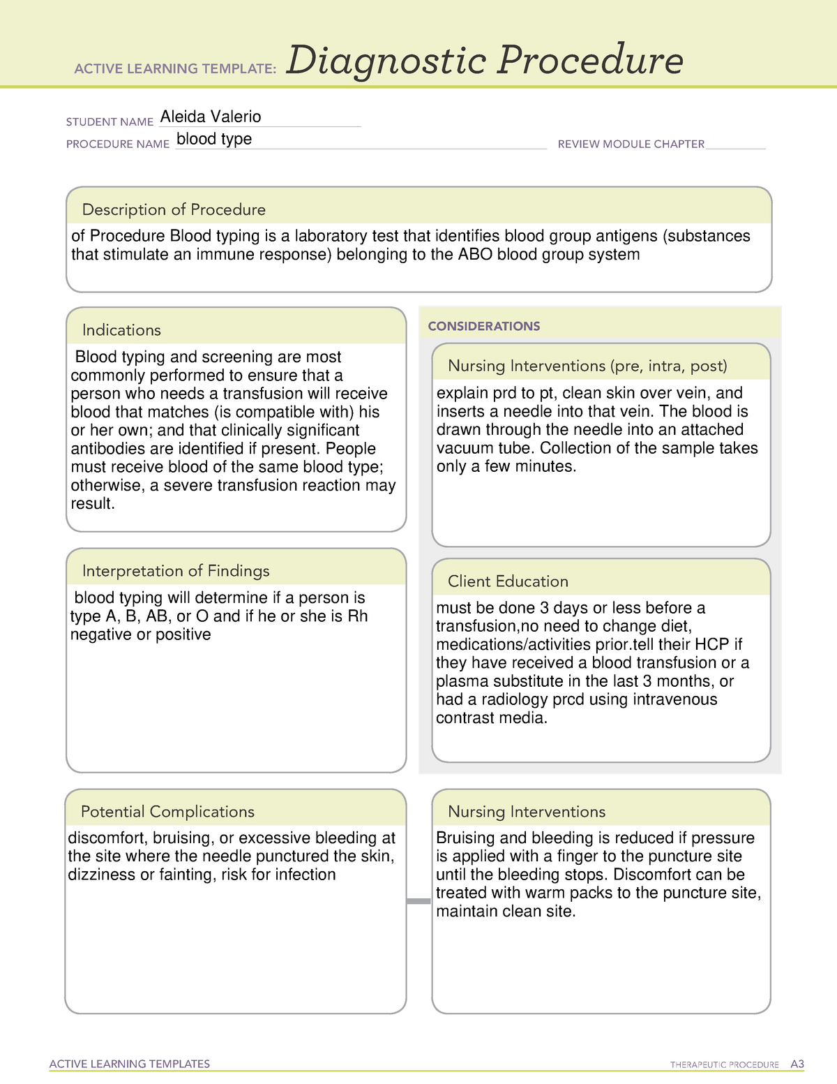 Active Learning Template Diagnostic Procedure form (2) blood type ...