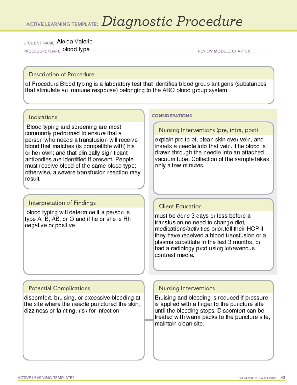 Active Learning Template Diagnostic Procedure form (2) blood type