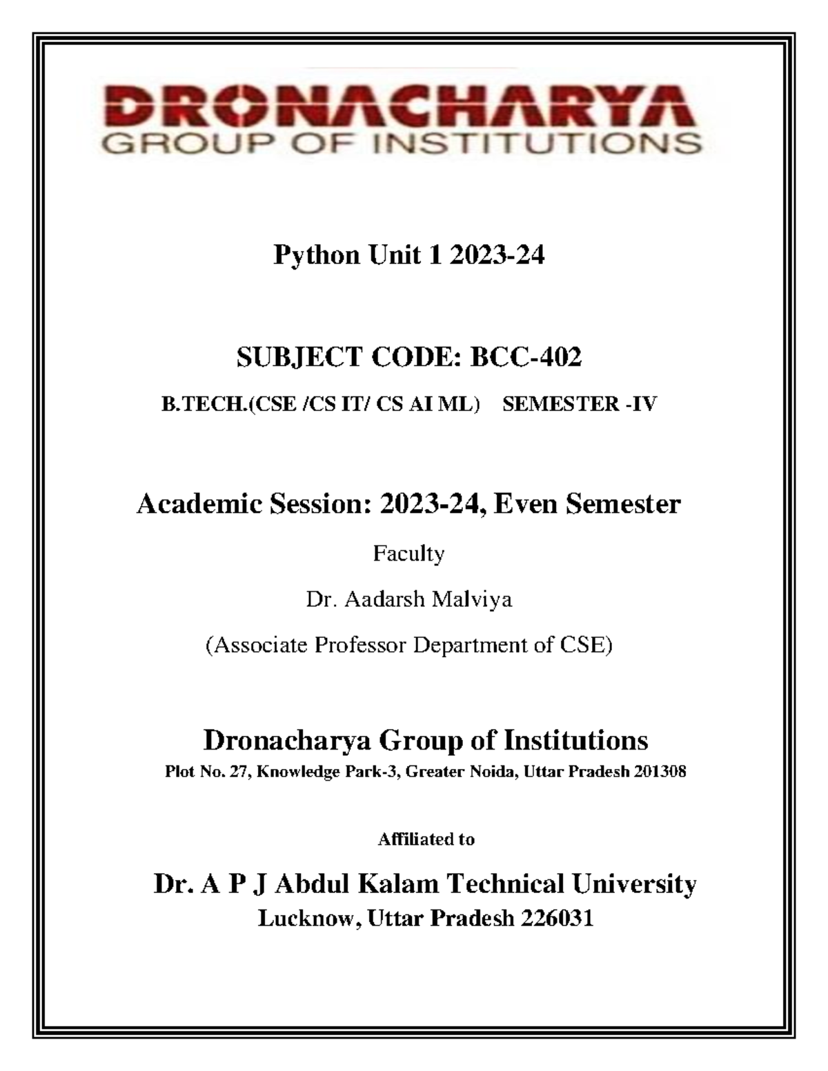 Python unit1 notes 1 - Python Unit 1 2023- SUBJECT CODE: BCC- B.(CSE ...