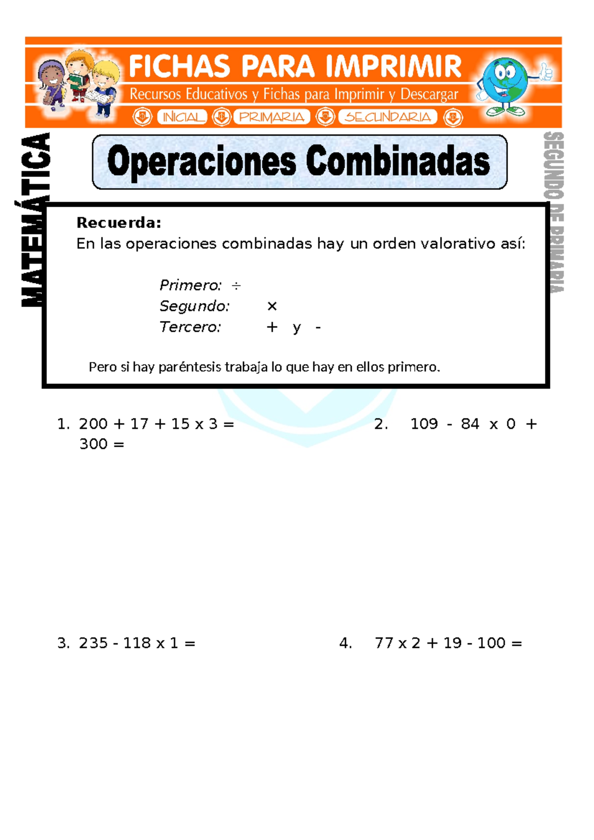 Ficha de Operaciones Combinadas Ejercicios para Segundo de Primaria - 1 ...
