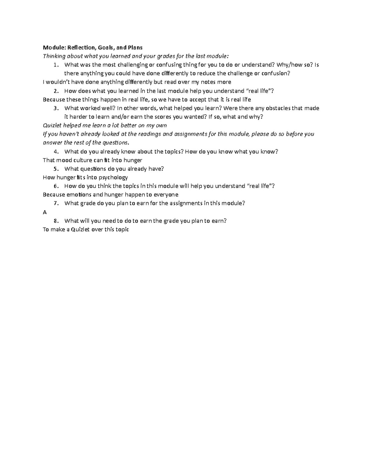 Module- Reflection, Goals, and Plans - Module: Reflection, Goals, and ...