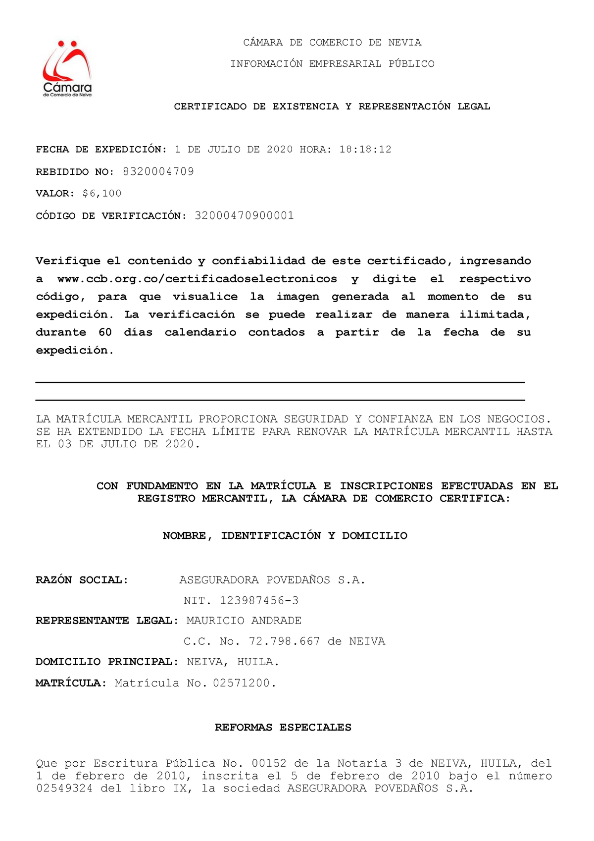 Certificado De Existencia Y Representación Legal De Aseguradora Povedaños Sa CÁmara De 8184