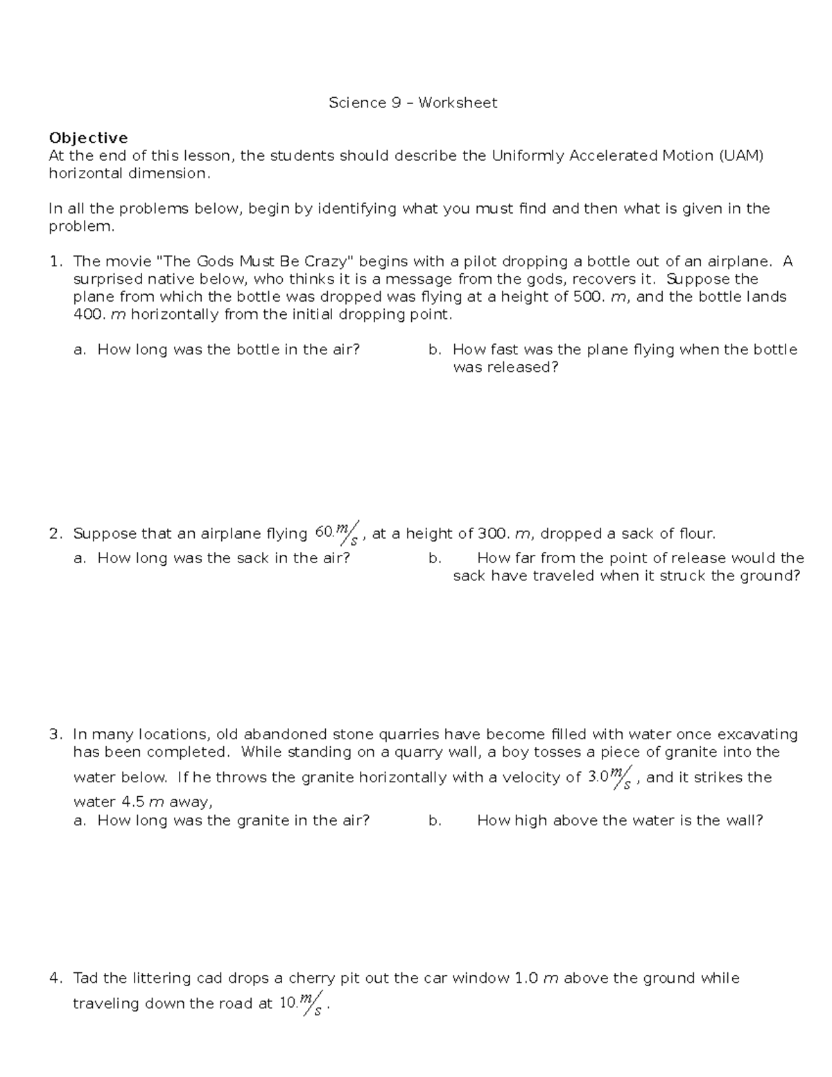 Horizontal projectile motion - Science 9 – Worksheet Objective At the ...