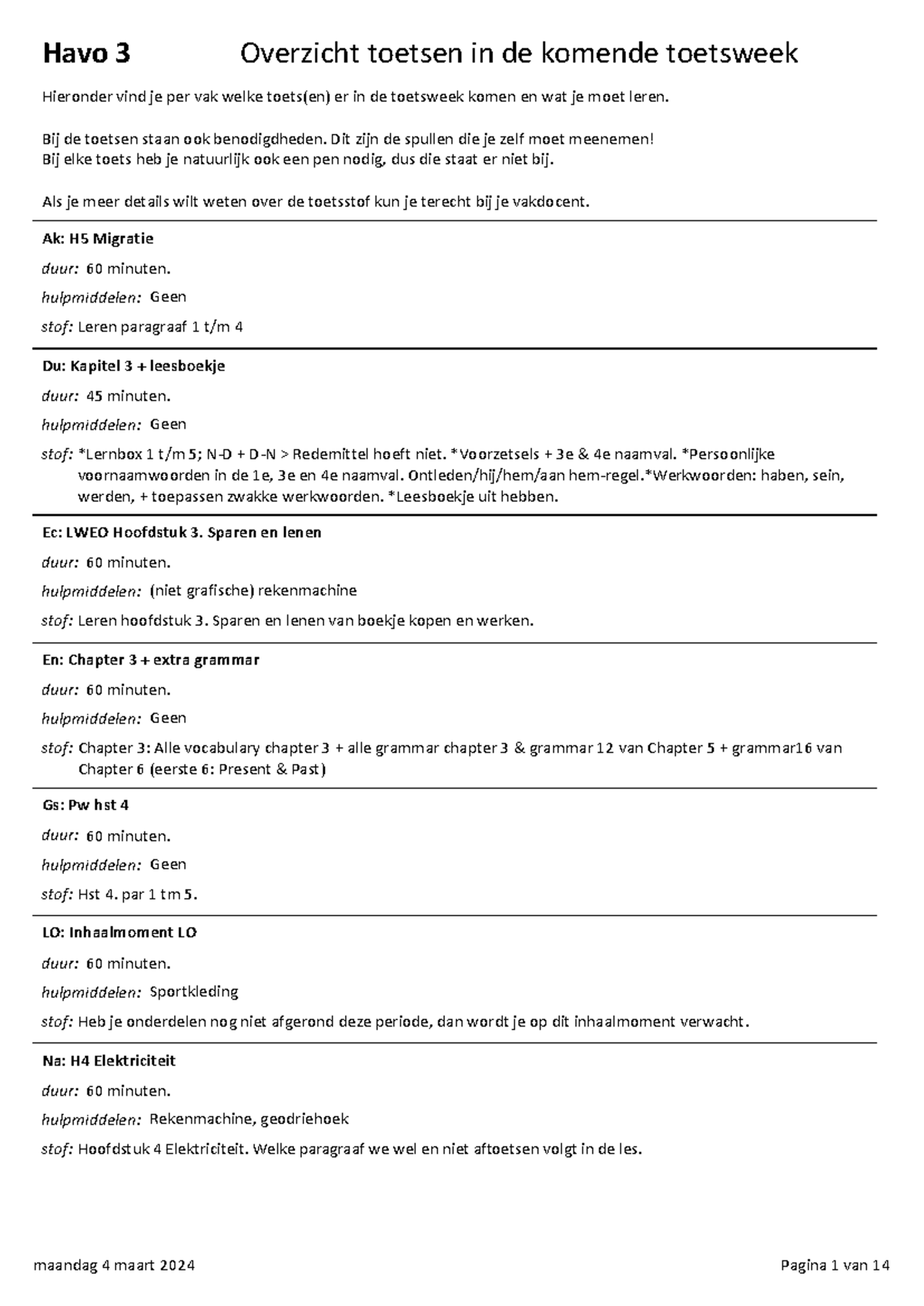 Overzicht Toetsen toetsweek 3 versie 2 - Havo 3 Overzicht toetsen in de ...