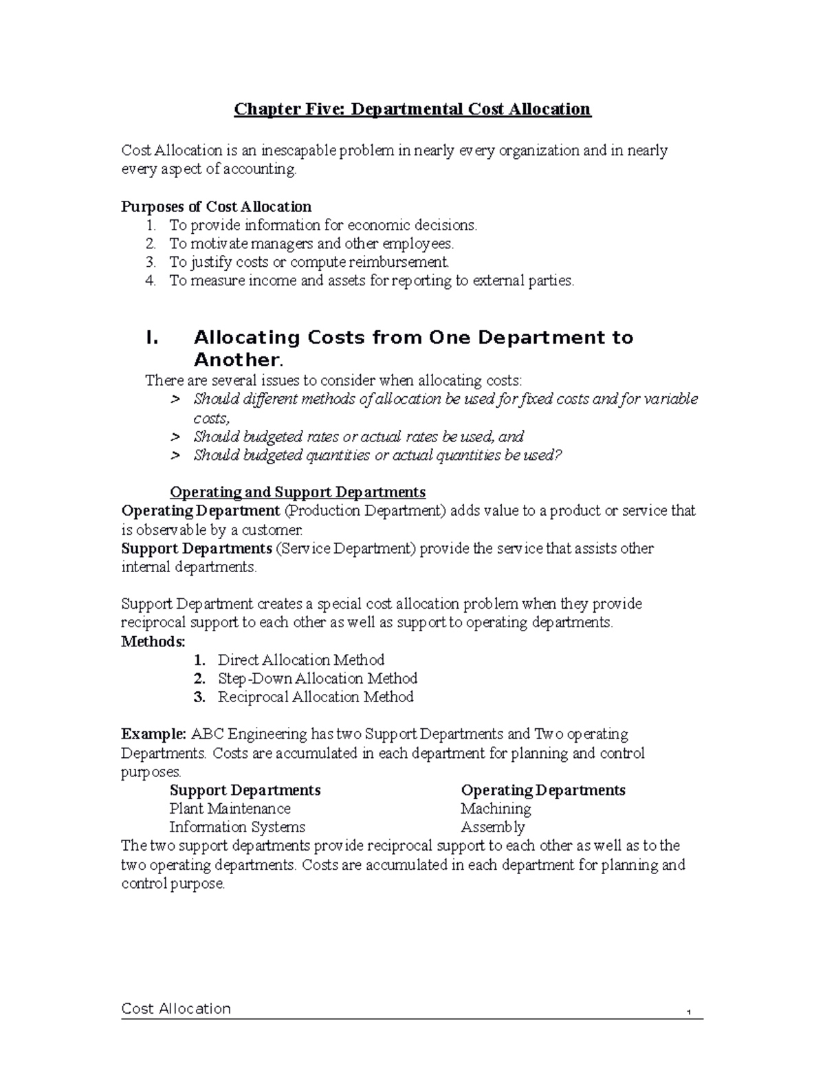 Chapter Five Departmental Cost Allocation - Purposes Of Cost Allocation ...