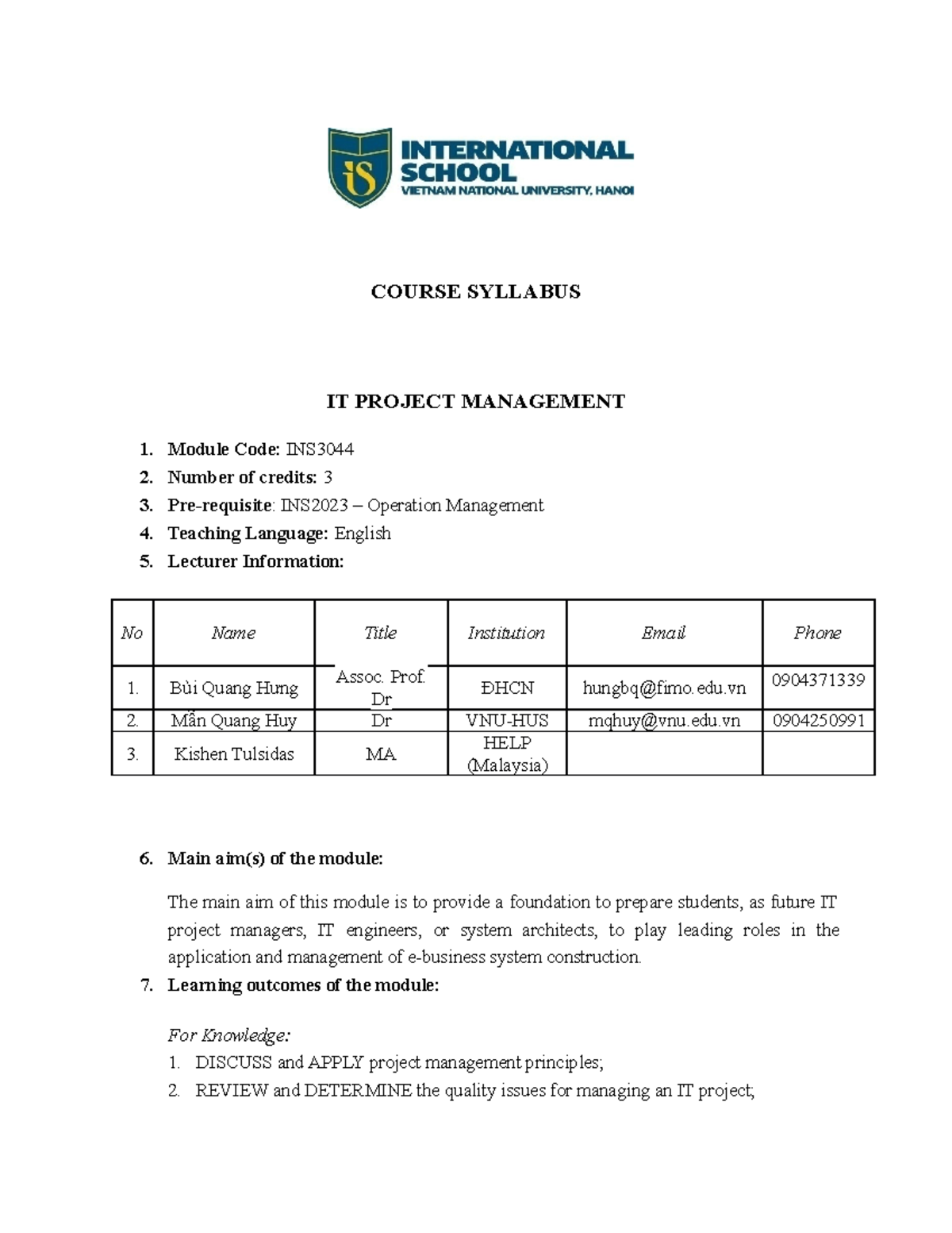 IT project management for you - COURSE SYLLABUS IT PROJECT MANAGEMENT 1 ...