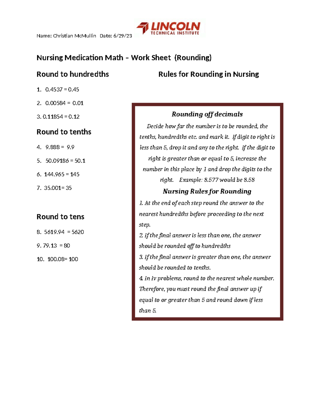 Math Worksheet Rounding - Name: Christian McMullin Date: 6/29/ Nursing ...