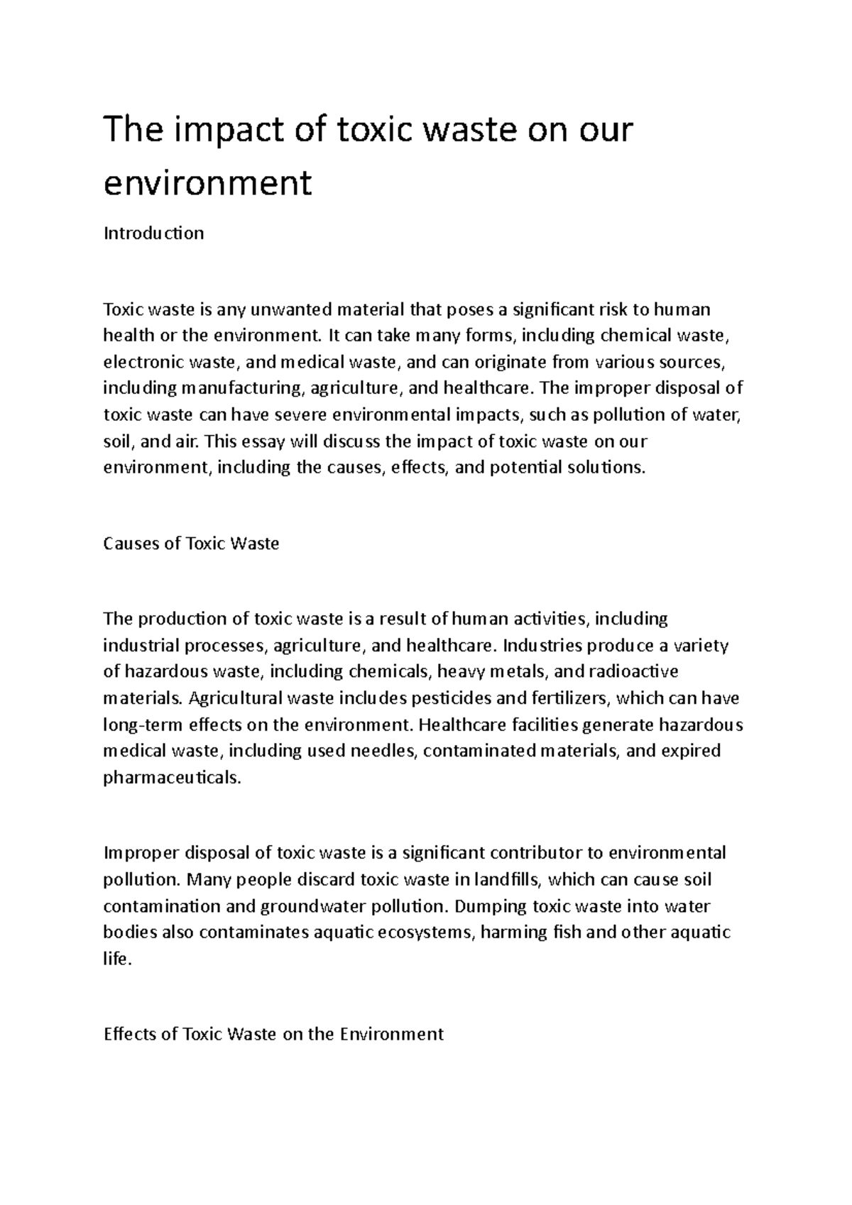 The impact of toxic waste on our environment The impact of toxic