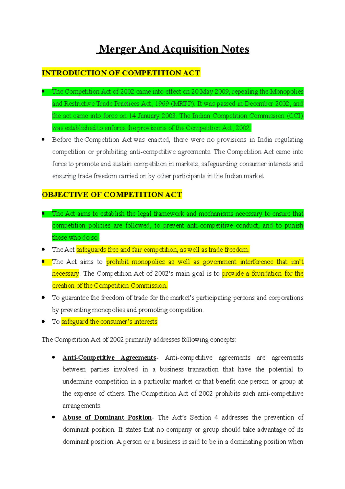 Merger And Acquisition Notes - Merger And Acquisition Notes ...