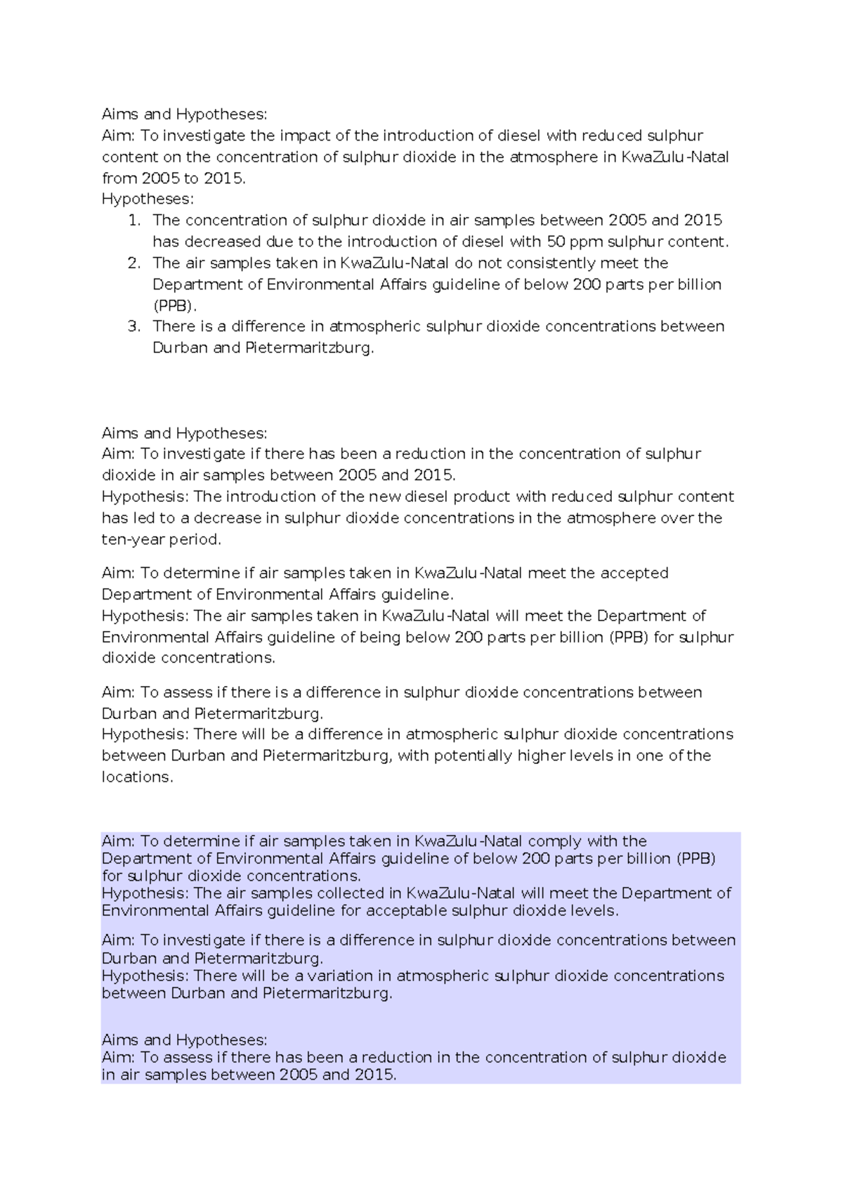 Aims and Hypotheses - Aims and Hypotheses: Aim: To investigate the ...