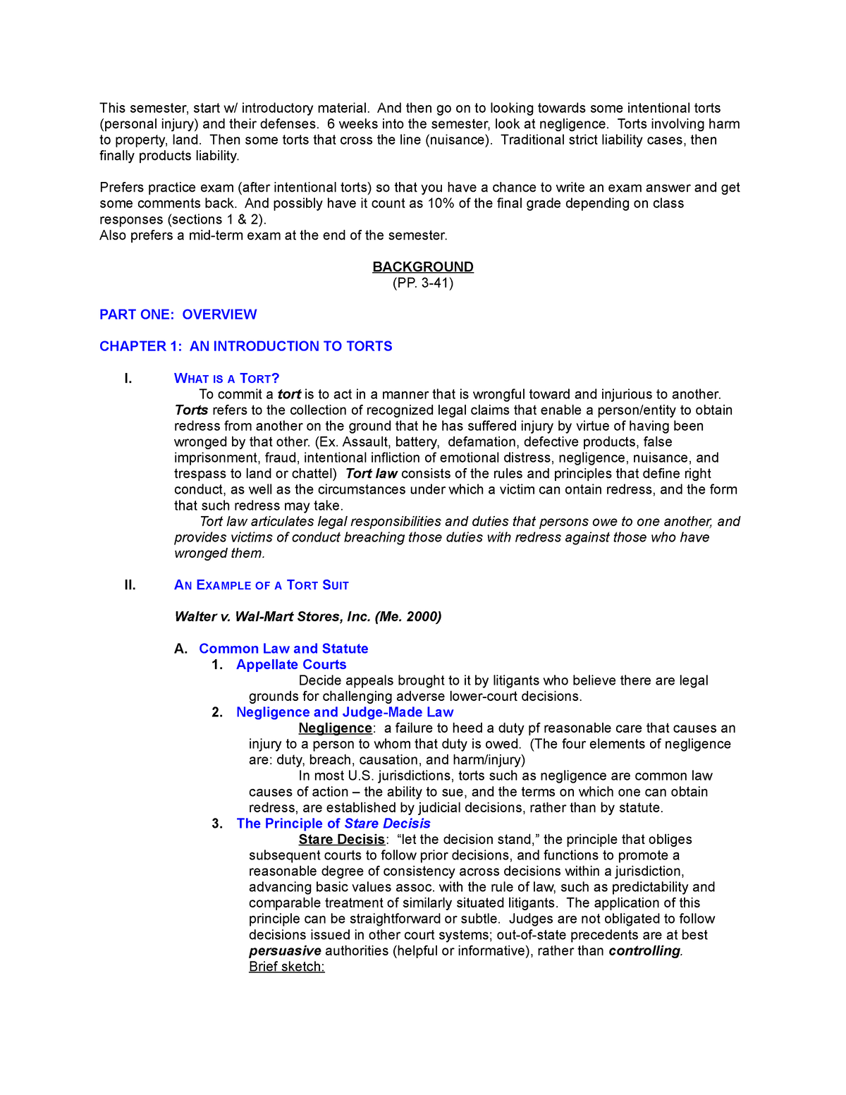 Torts Law Outline - 1 - This Semester, Start W/ Introductory Material ...