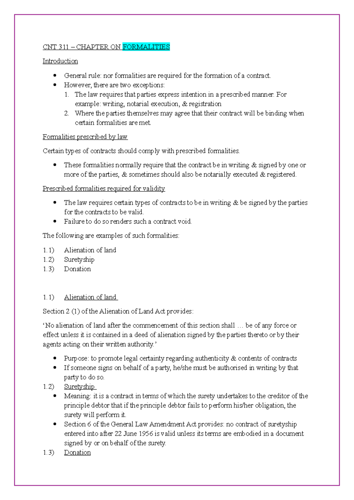 CNT Chapter 6 - Formalities - CNT 311 – CHAPTER ON FORMALITIES ...