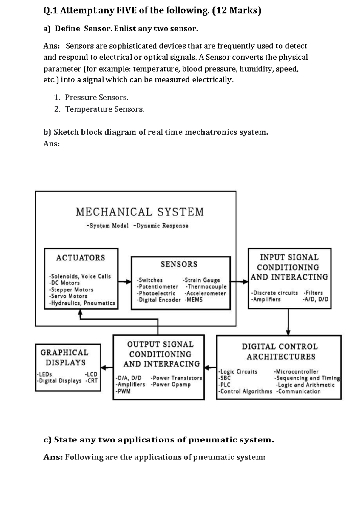 MEC - mechatronics solved answersheet doc - Q Attempt any FIVE of the ...