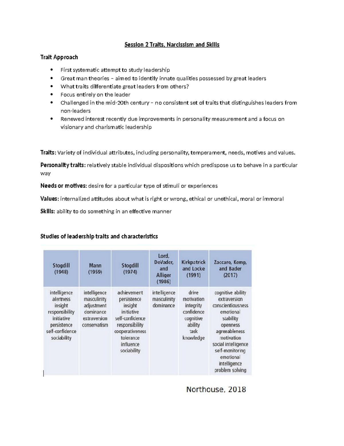 Week 2 -Traits - Lecture Notes - Session 2 Traits, Narcissism and ...