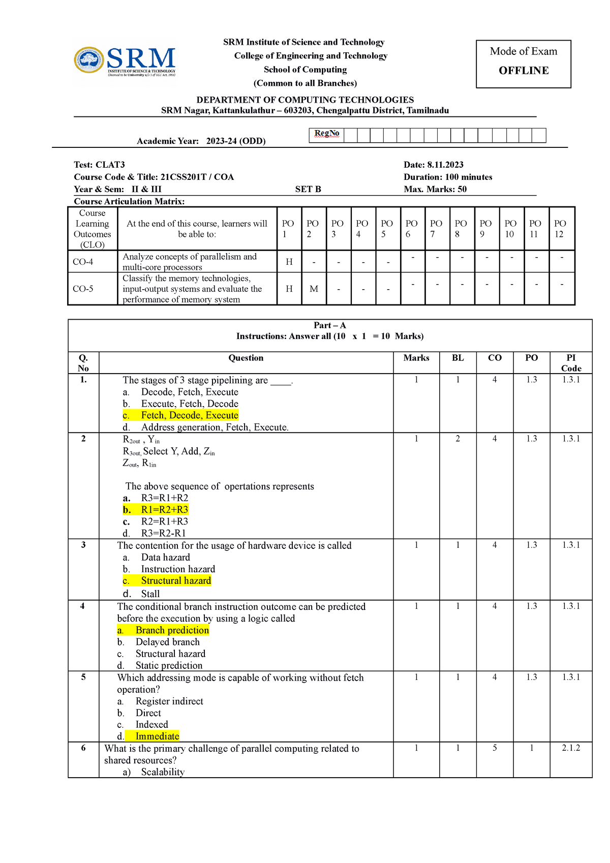 CLAT3 Set B Answerkey - Ssssss - SRM Institute Of Science And Technology College Of Engineering ...