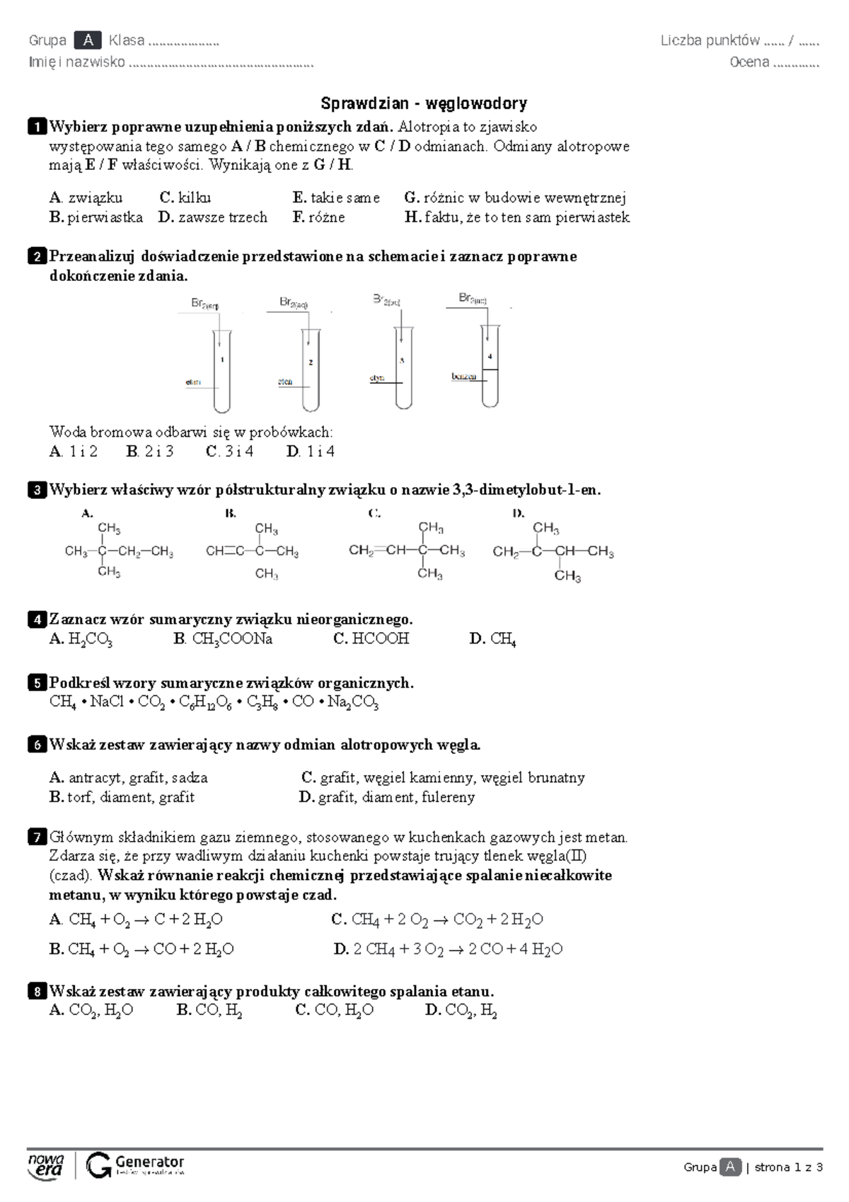 Chemiakl 2b29012021 - Węglowodory. Test. - Grupa A | Strona 1 Z 3 Grupa ...