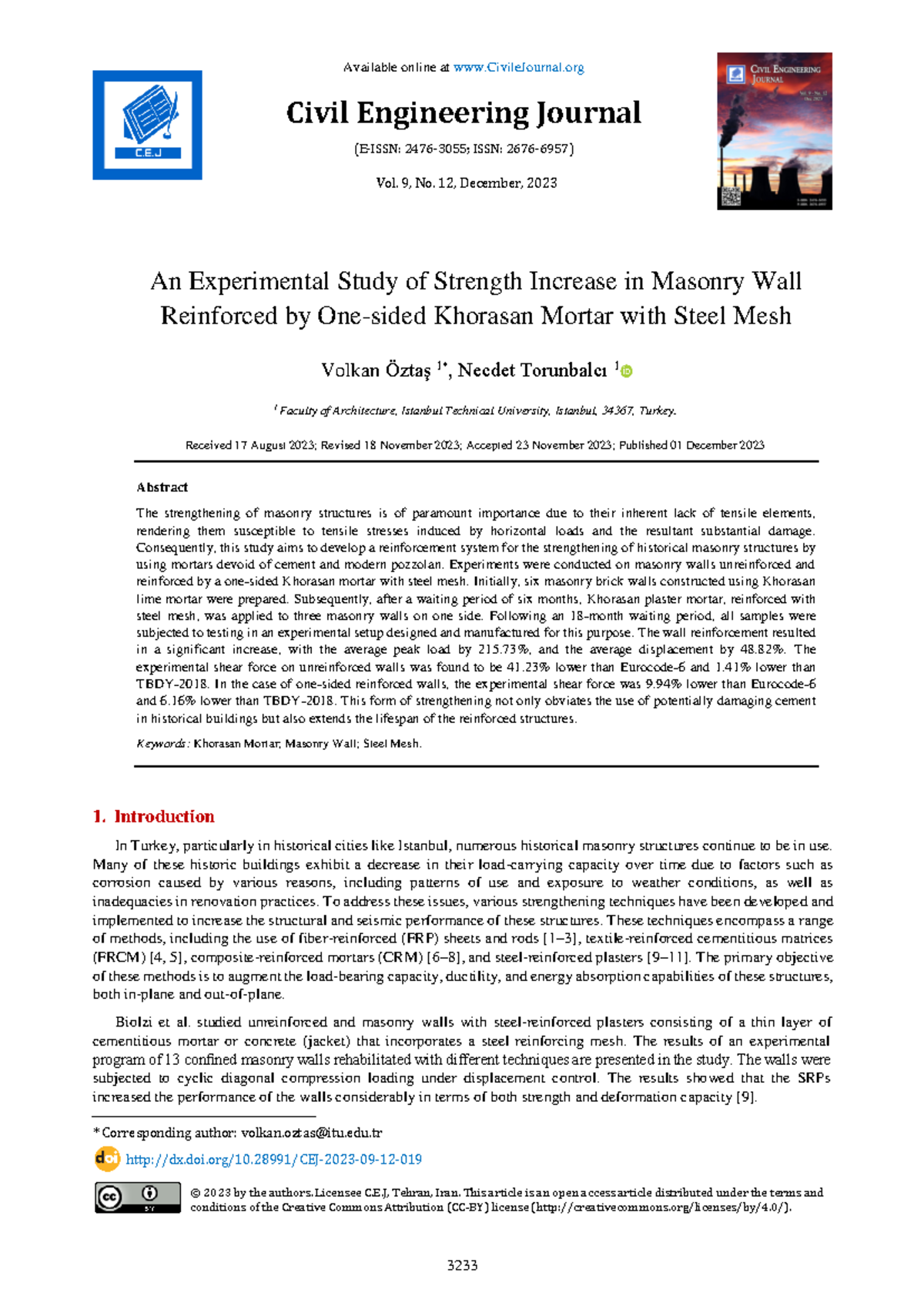 An Experimental Study of Strength Increase in Masonry Wall Reinforced ...